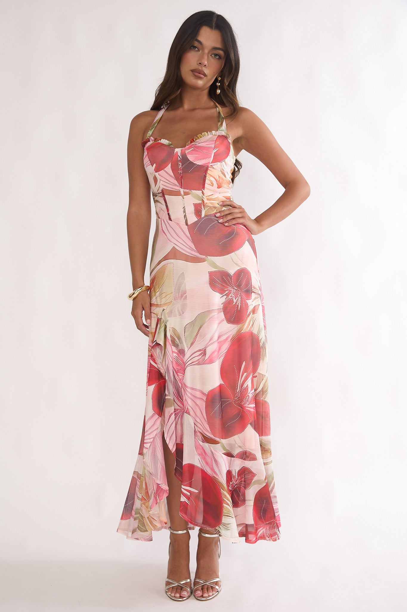 Moonlit Magic Halterneck Split Maxi Dress Floral Red by Selfie Leslie