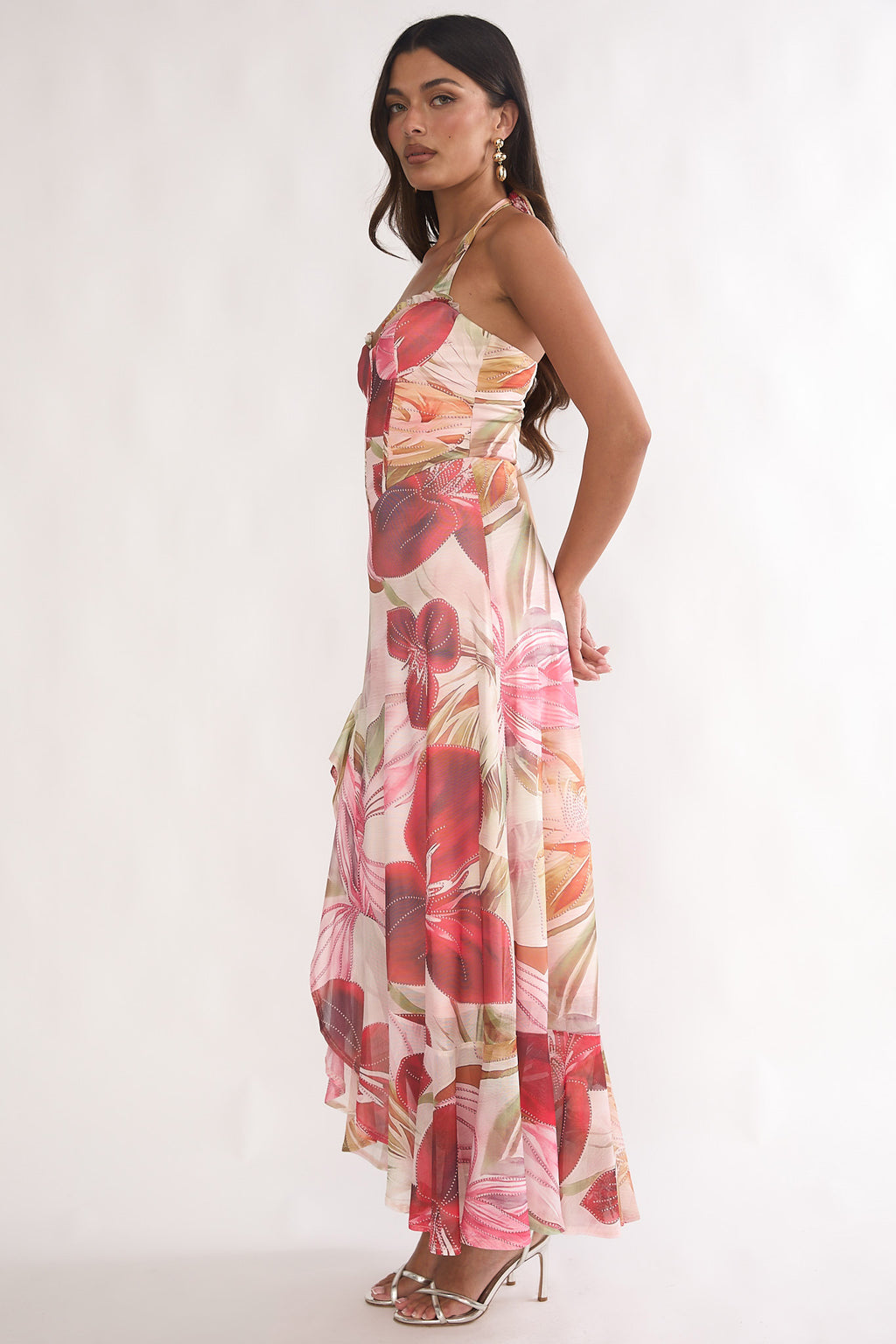Moonlit Magic Halterneck Split Maxi Dress Floral Red by Selfie Leslie