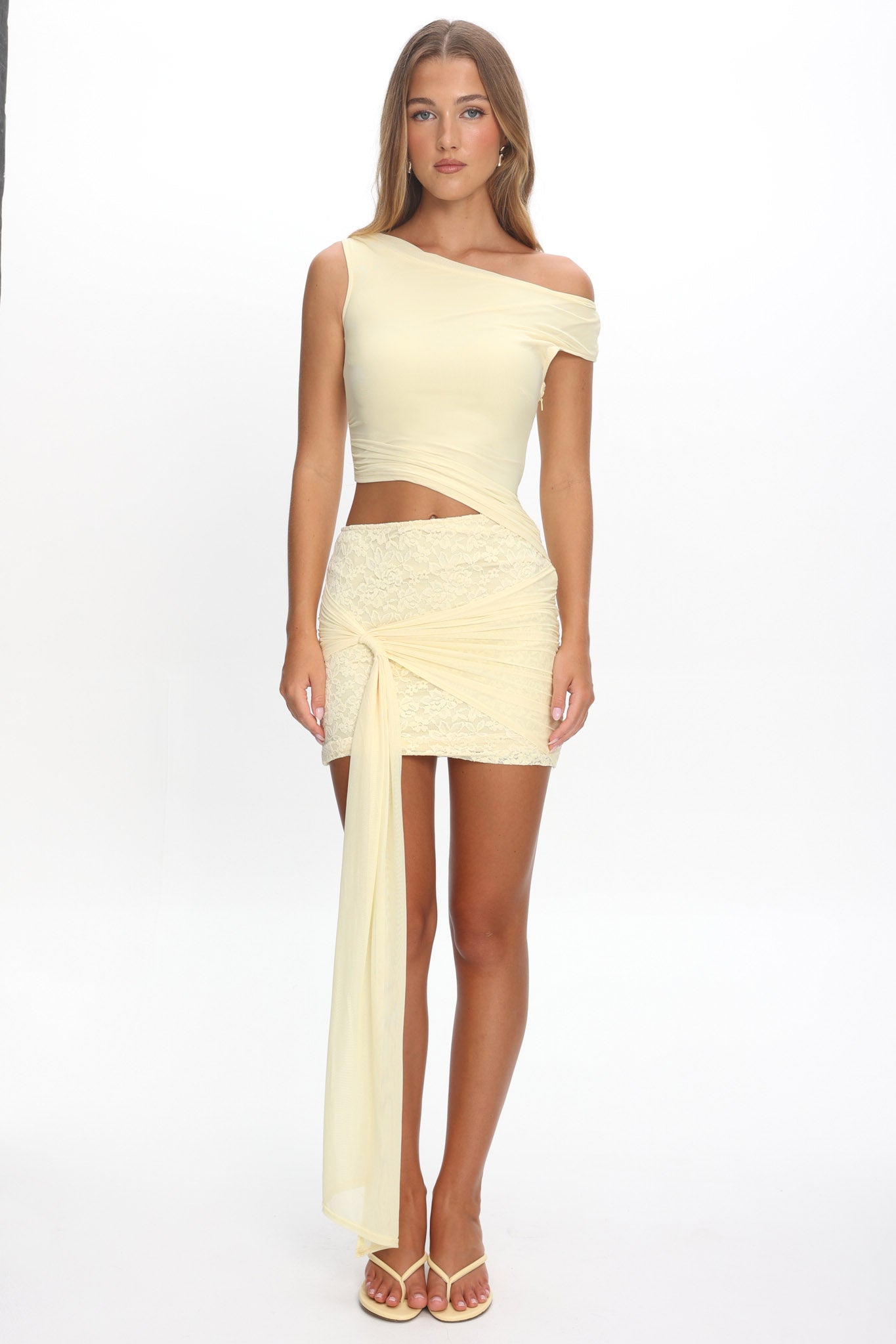 Moonlit Magic Asymmetric Neckline Mini Dress Yellow by Selfie Leslie