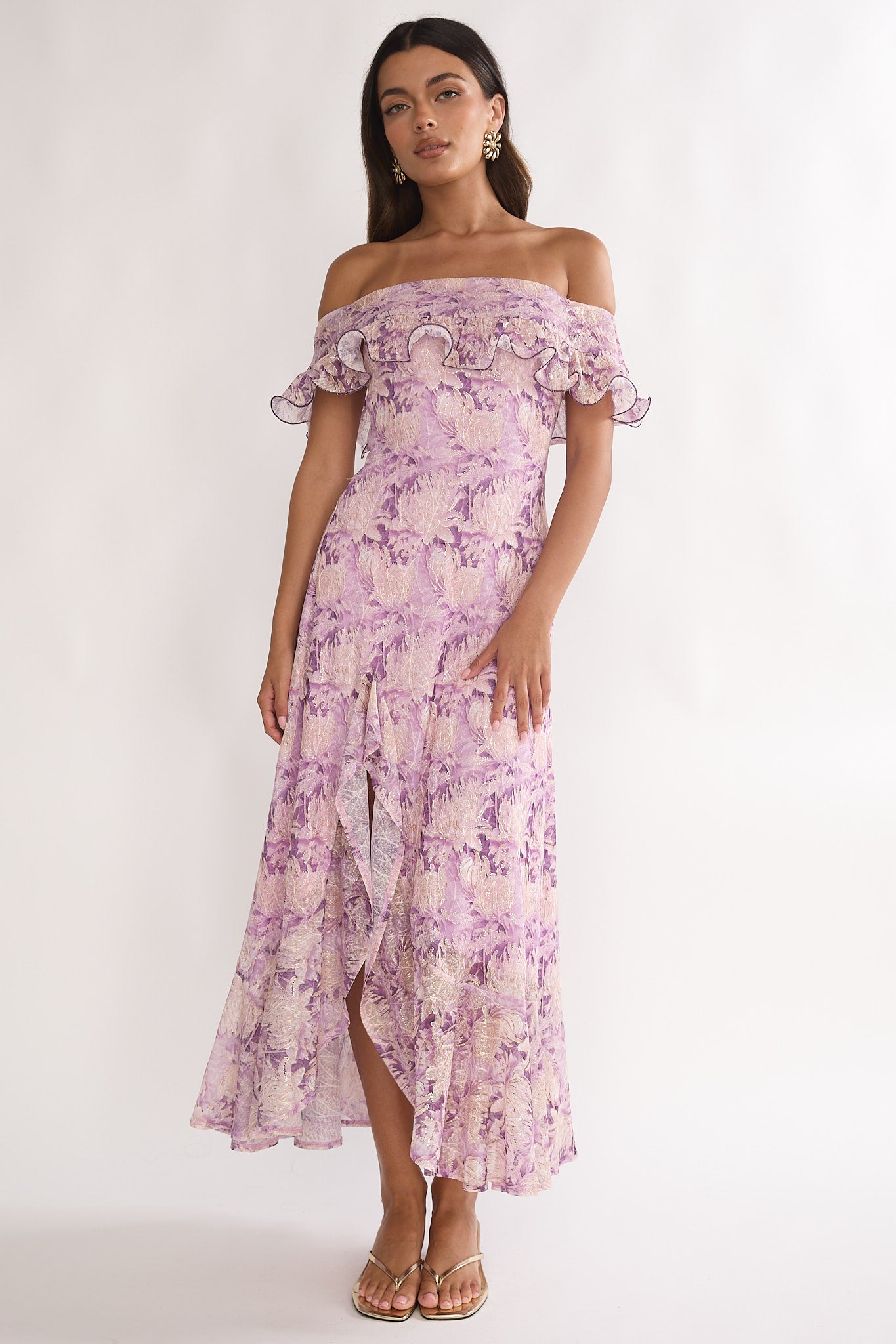 purple floral off the shoulder dress Moonlit Magic Off-Shoulder Maxi Dress Floral Dress