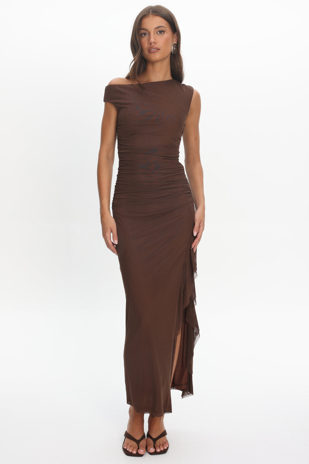 Moonlit Magic Asymmetric Neckline Slit Maxi Dress Chocolate