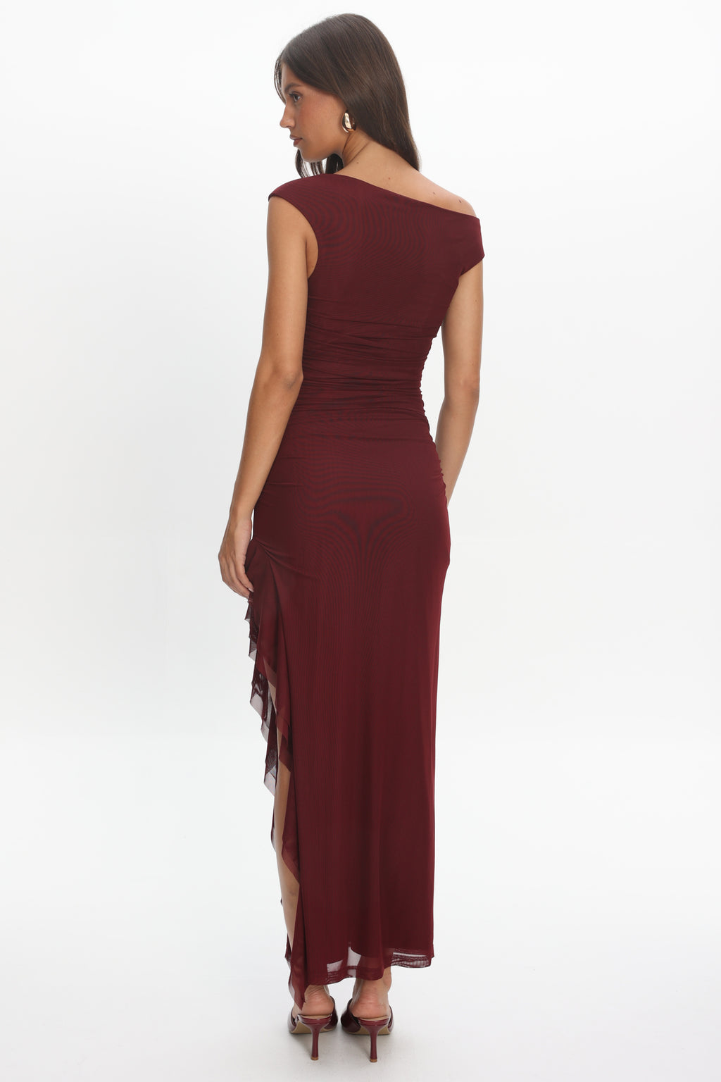 Moonlit Magic Asymmetric Neckline Slit Maxi Dress Wine