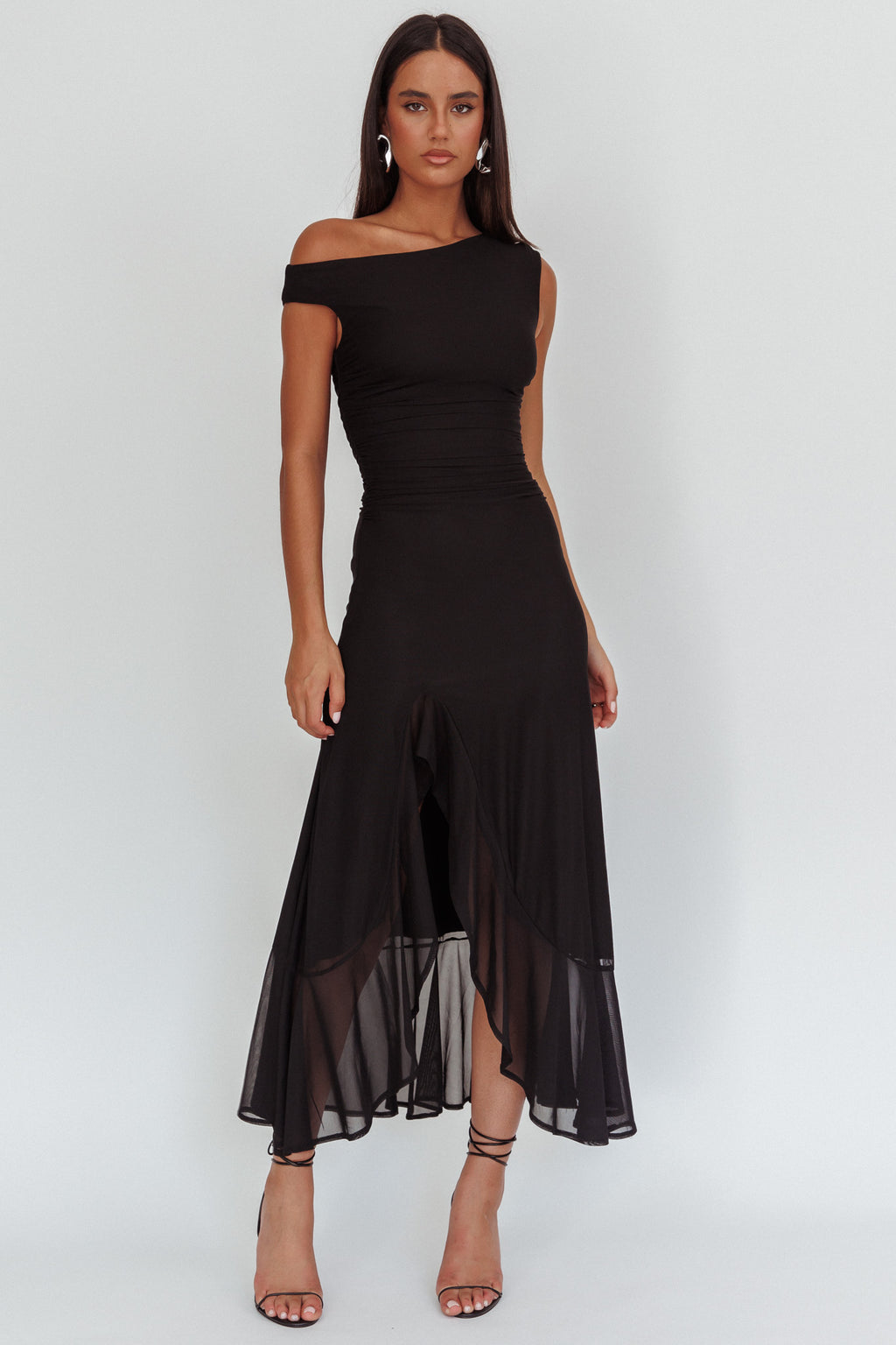 Moonlit Magic Asymmetric Neckline Maxi Dress Black by Selfie Leslie