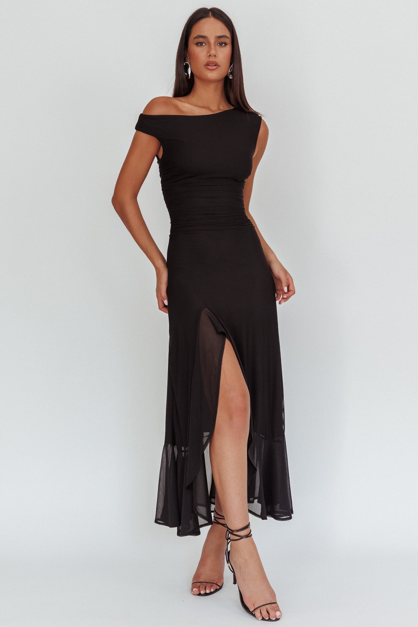 Moonlit Magic Asymmetric Neckline Maxi Dress Black by Selfie Leslie