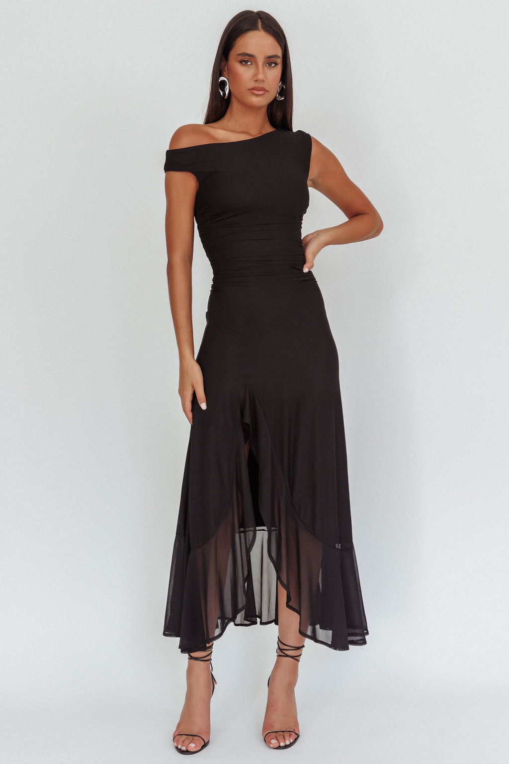 Moonlit Magic Asymmetric Neckline Maxi Dress Black by Selfie Leslie