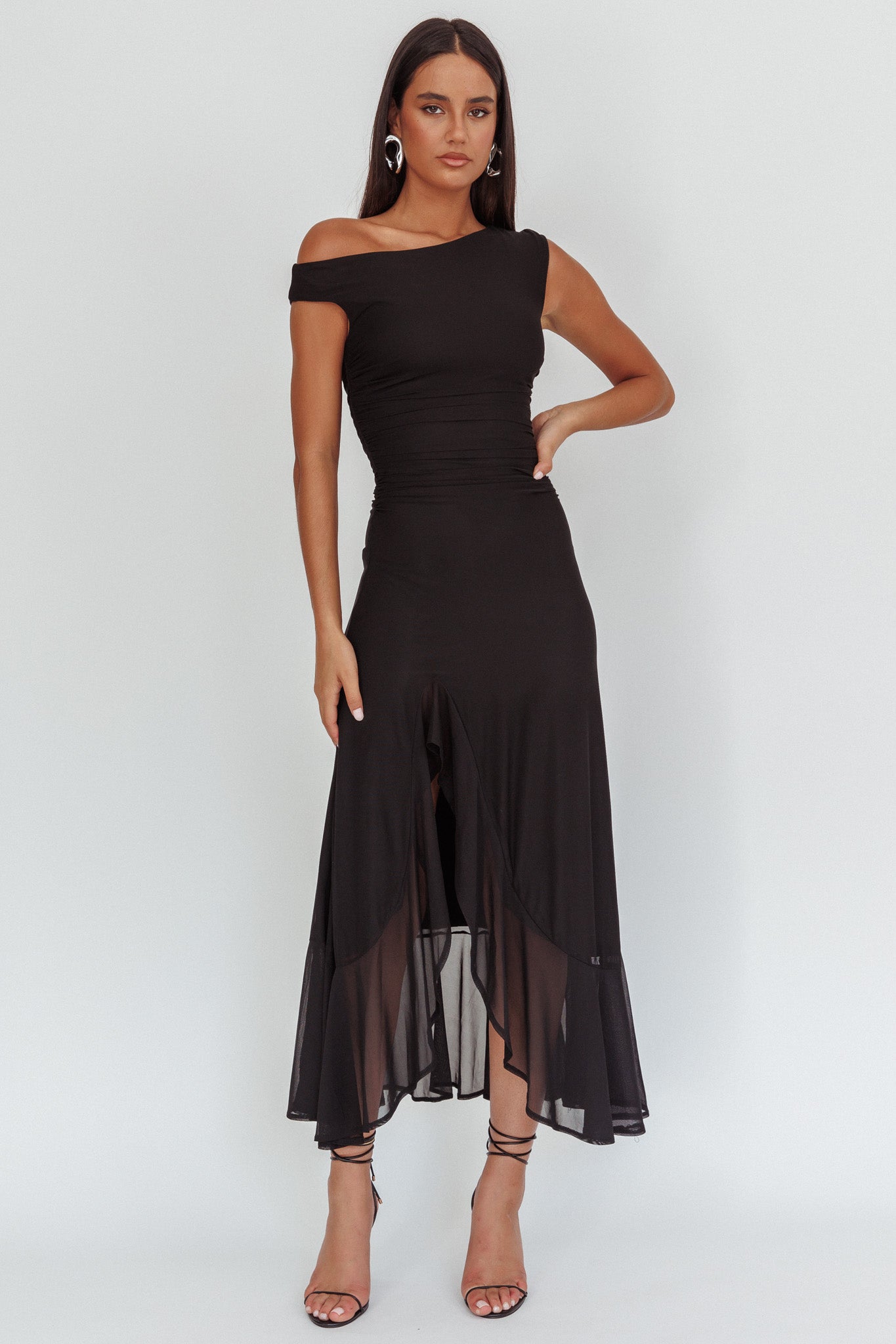 Moonlit Magic Asymmetric Neckline Maxi Dress Black by Selfie Leslie