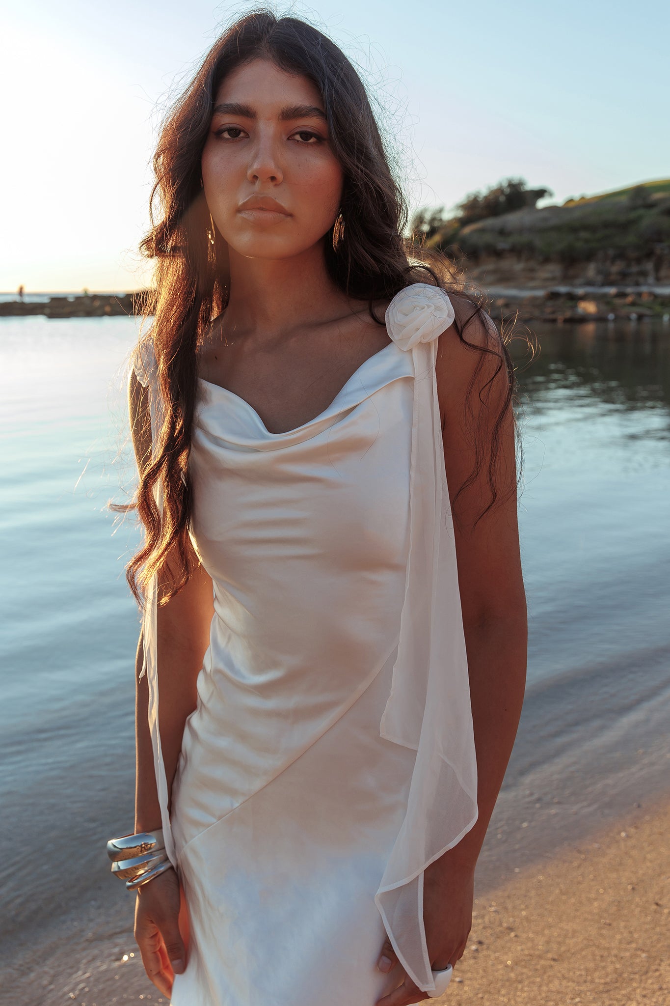 Afterglow Backless Cowl Neck Maxi Dress Off White by Selfie Leslie