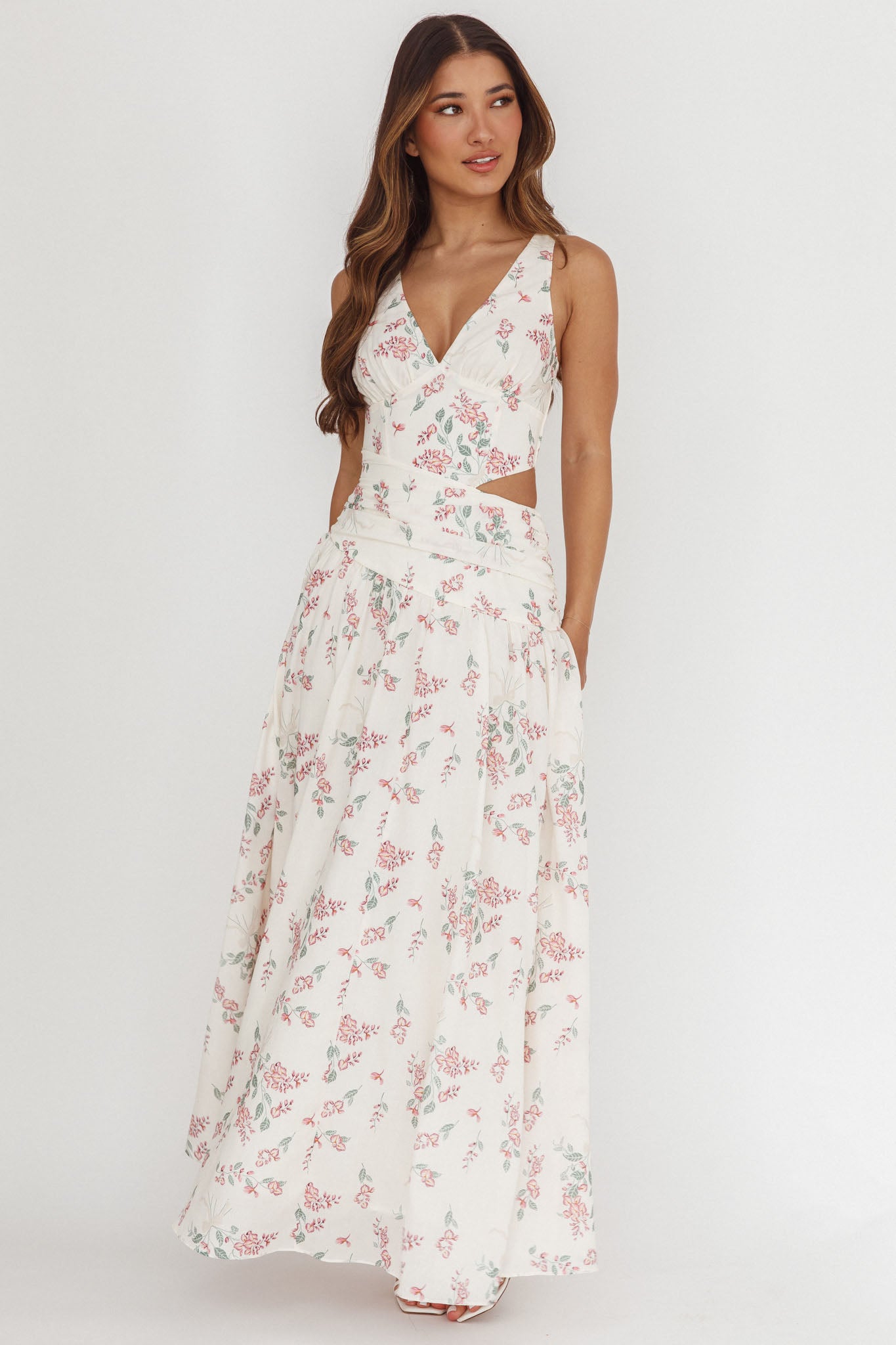 First Dates Waist Cut-Out Maxi Dress Floral Cream/Pink by Selfie Leslie