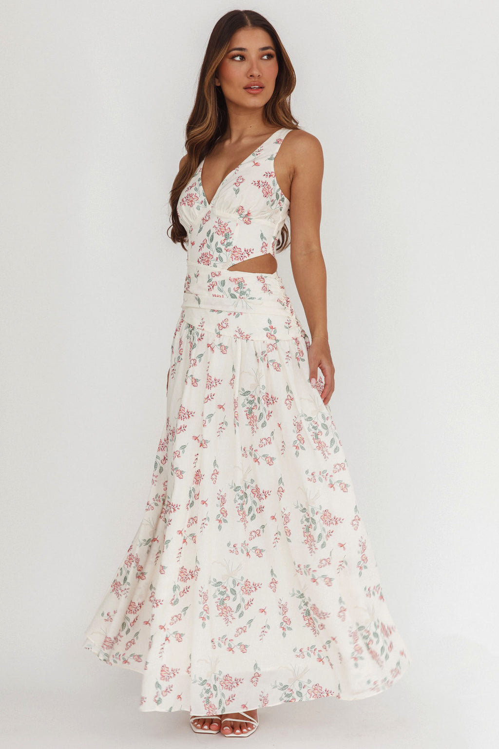 First Dates Waist Cut-Out Maxi Dress Floral Cream/Pink by Selfie Leslie