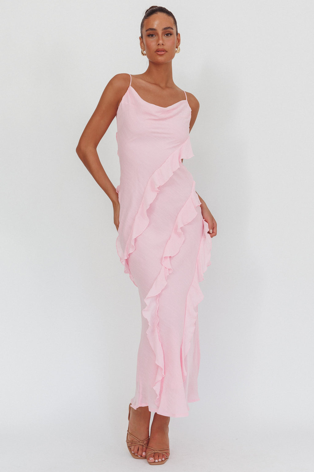 Panama Bay Ruffle Trim Cowl Neck Maxi Dress Pink - S