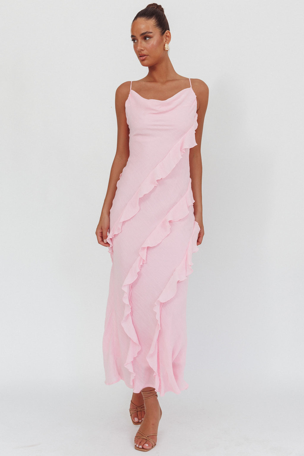 Panama Bay Ruffle Trim Cowl Neck Maxi Dress Pink by Selfie Leslie