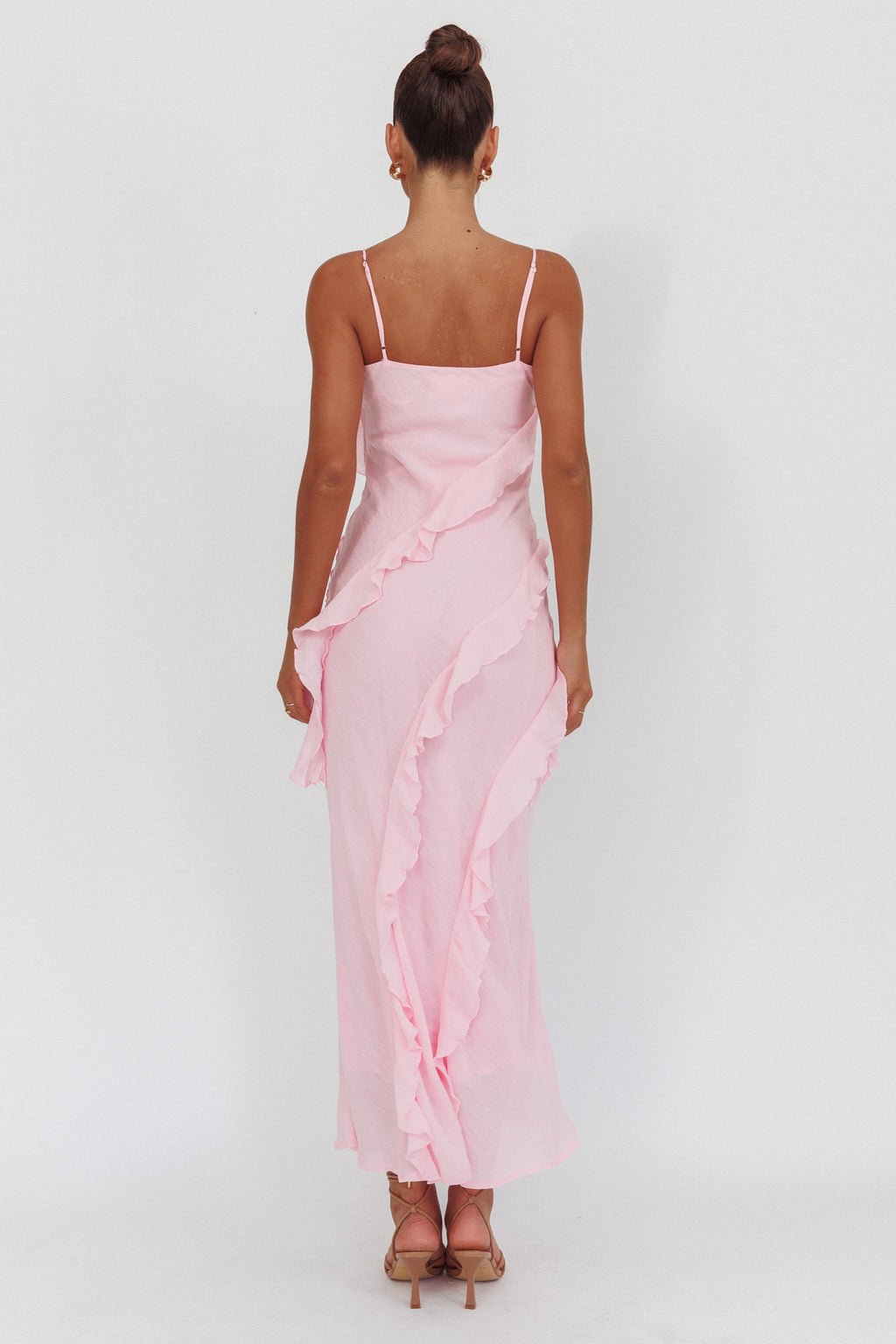 Panama Bay Ruffle Trim Cowl Neck Maxi Dress Pink by Selfie Leslie