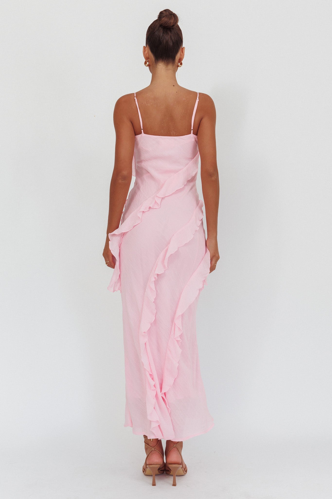 Panama Bay Ruffle Trim Cowl Neck Maxi Dress Pink by Selfie Leslie