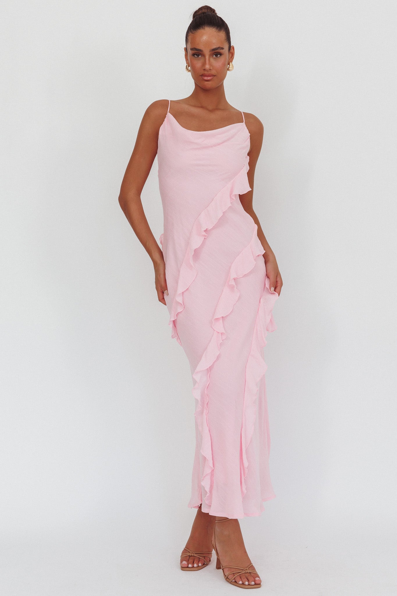 70's maxi dress pink cowl neck long sleeve Panama Bay Ruffle Trim Cowl Neck Maxi Dress Pink