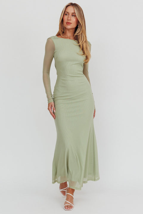 sage green long sleeve maxi dress Lustre Open Back Mesh group-507 Size:MD (10) With long sleeves for Prada Cotton Crochet Mini-dress