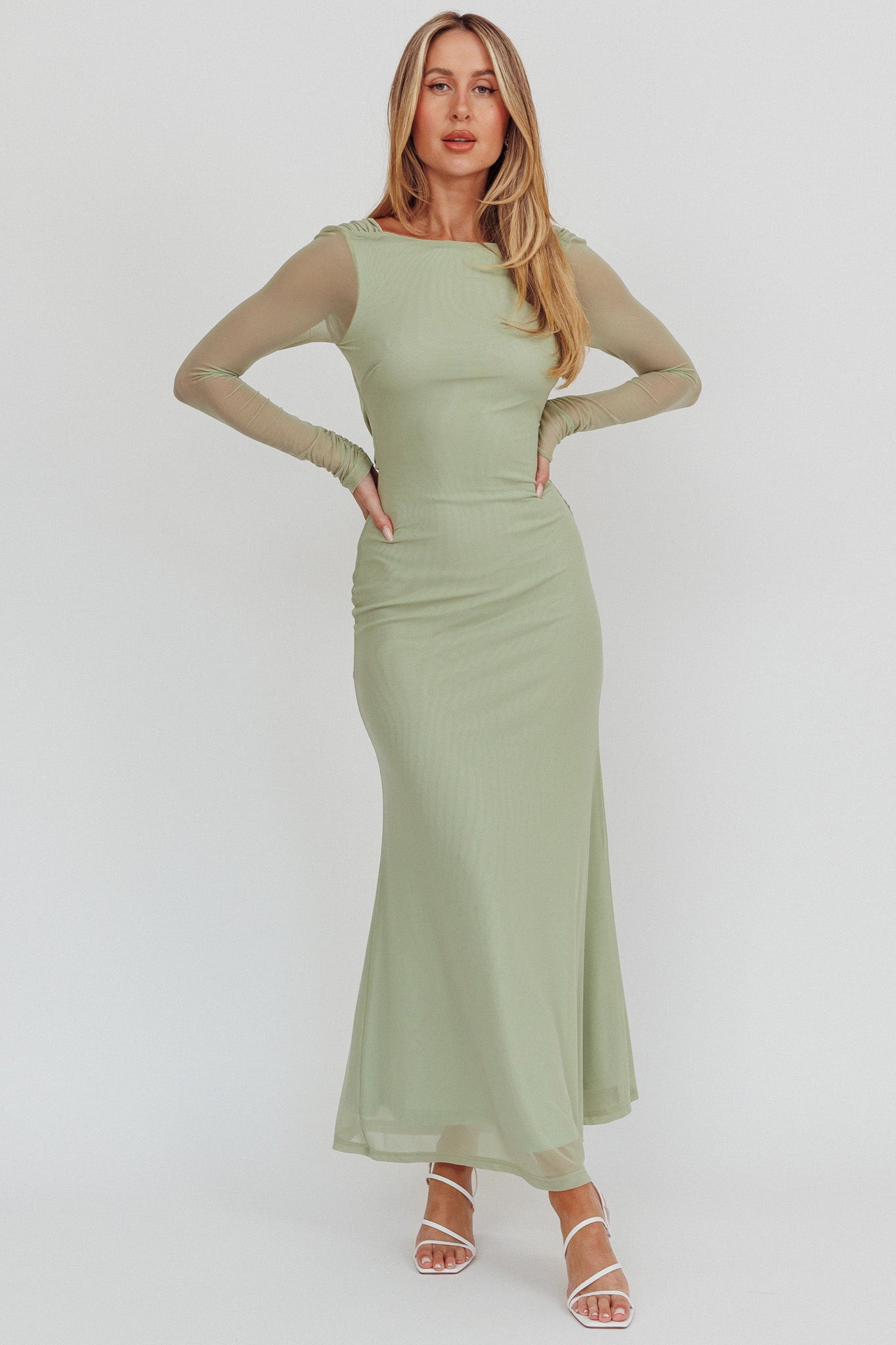 Shop the Lustre Open Back Mesh Maxi Dress Sage