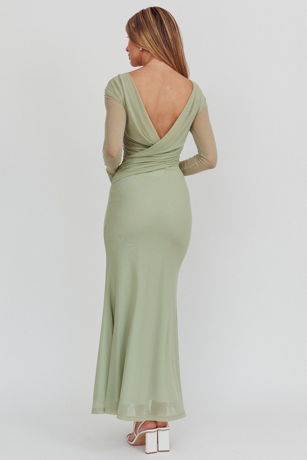 Lustre Open Back Mesh Maxi Dress Sage by Selfie Leslie