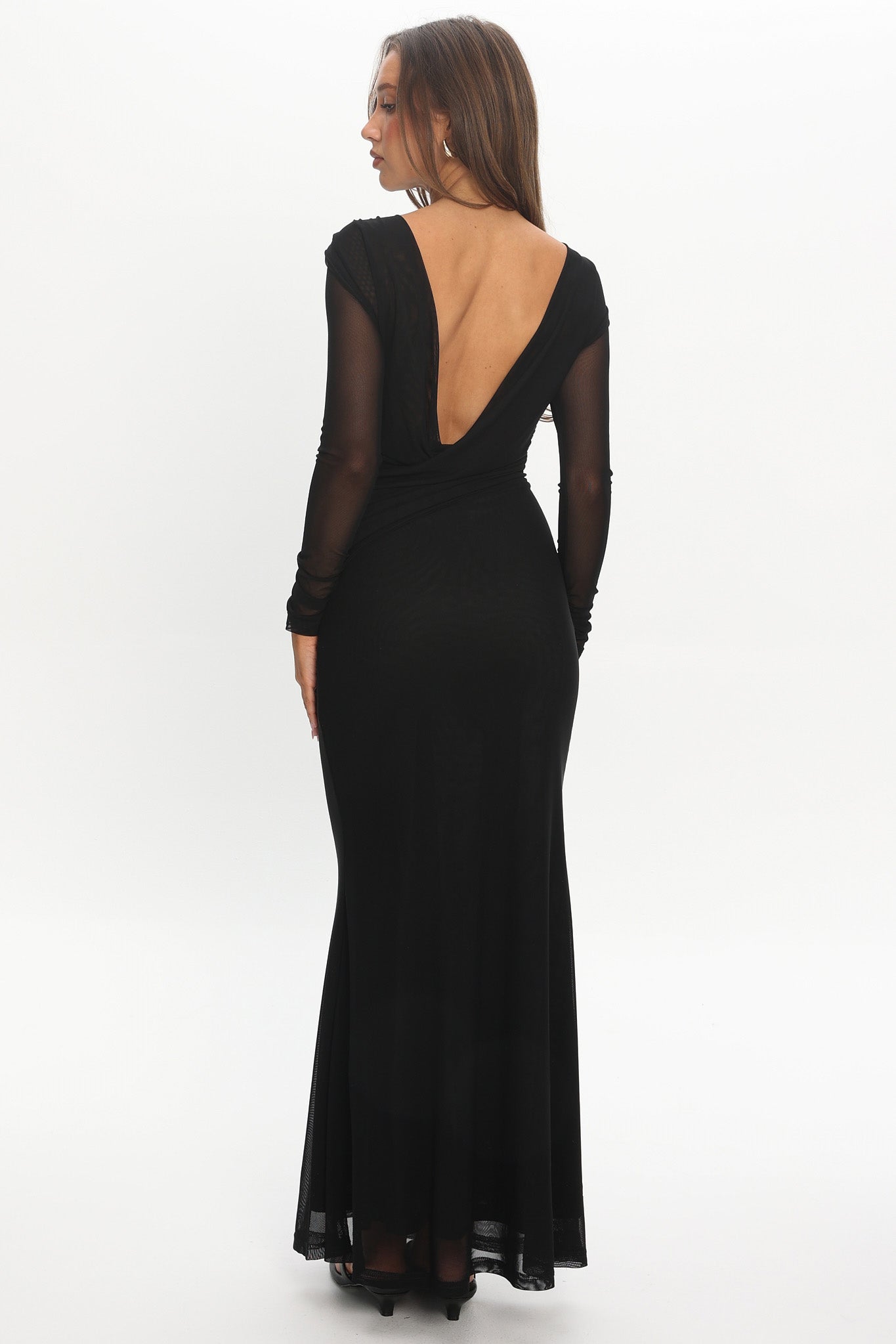 black dress with long sleeves and open back Lustre Open Back Mesh Maxi Dress Black