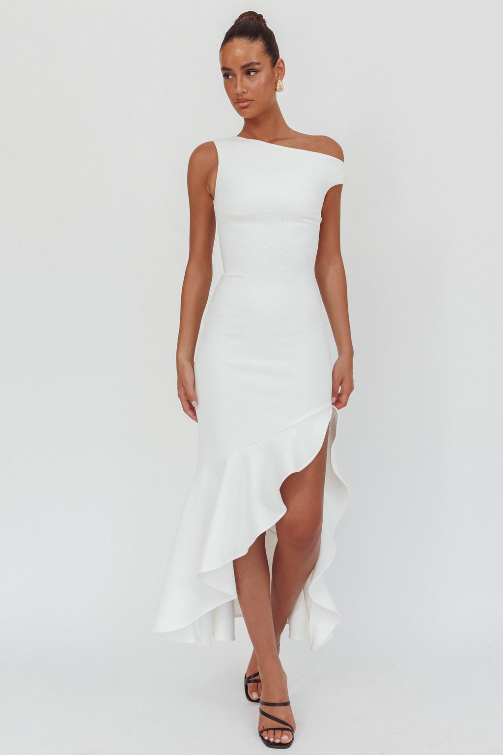 Lights On One-Shoulder Ruffle Hem Maxi Dress White by Selfie Leslie