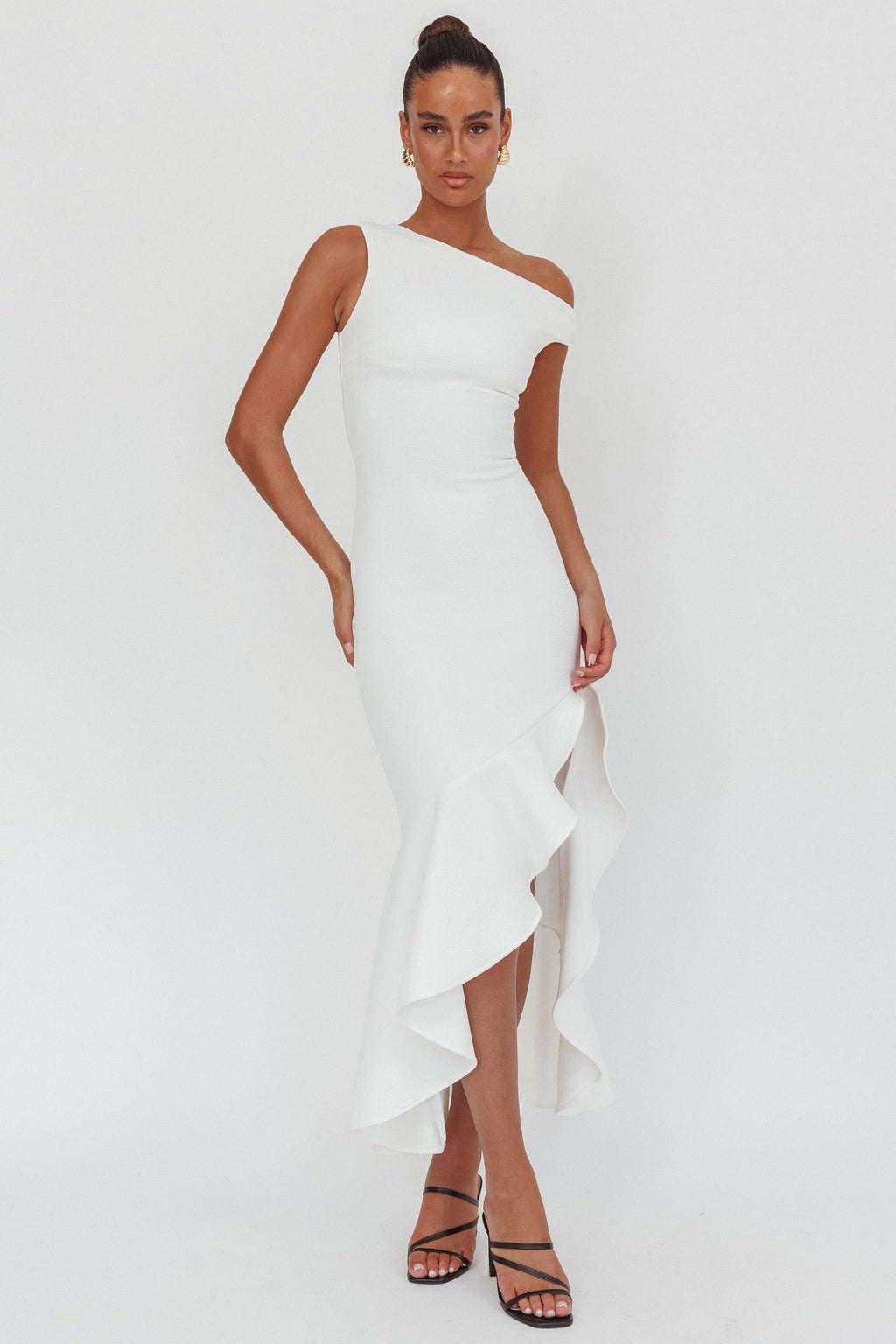 ruffle one shoulder midi dress Lights On One-Shoulder Ruffle Hem Maxi Dress White