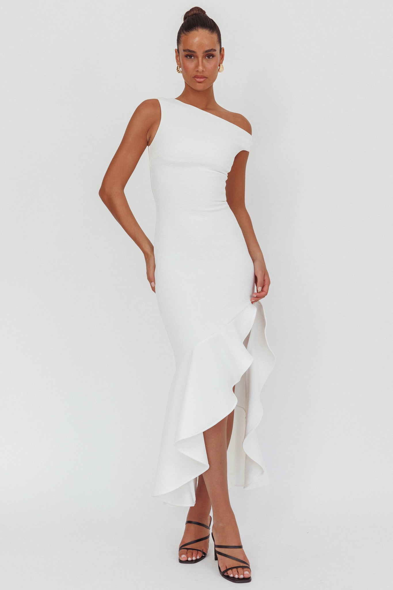 Lights On One-Shoulder Ruffle Hem Maxi Dress White - XL