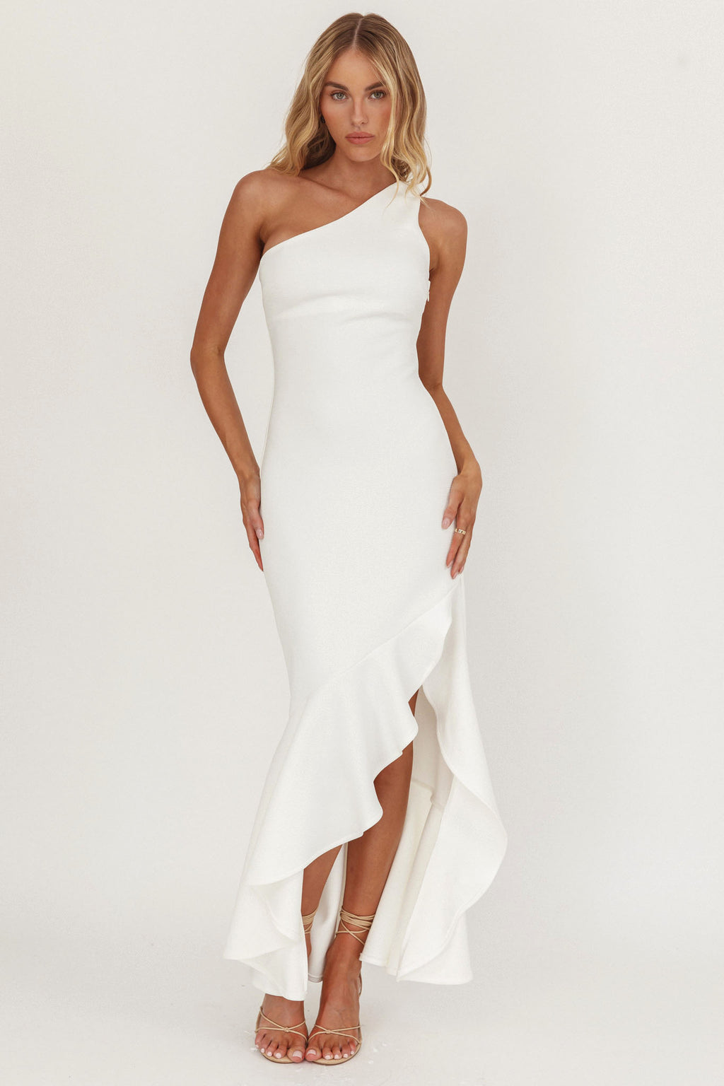 Lights On One-Shoulder Split Ruffle Hem Maxi Dress White by Selfie Leslie