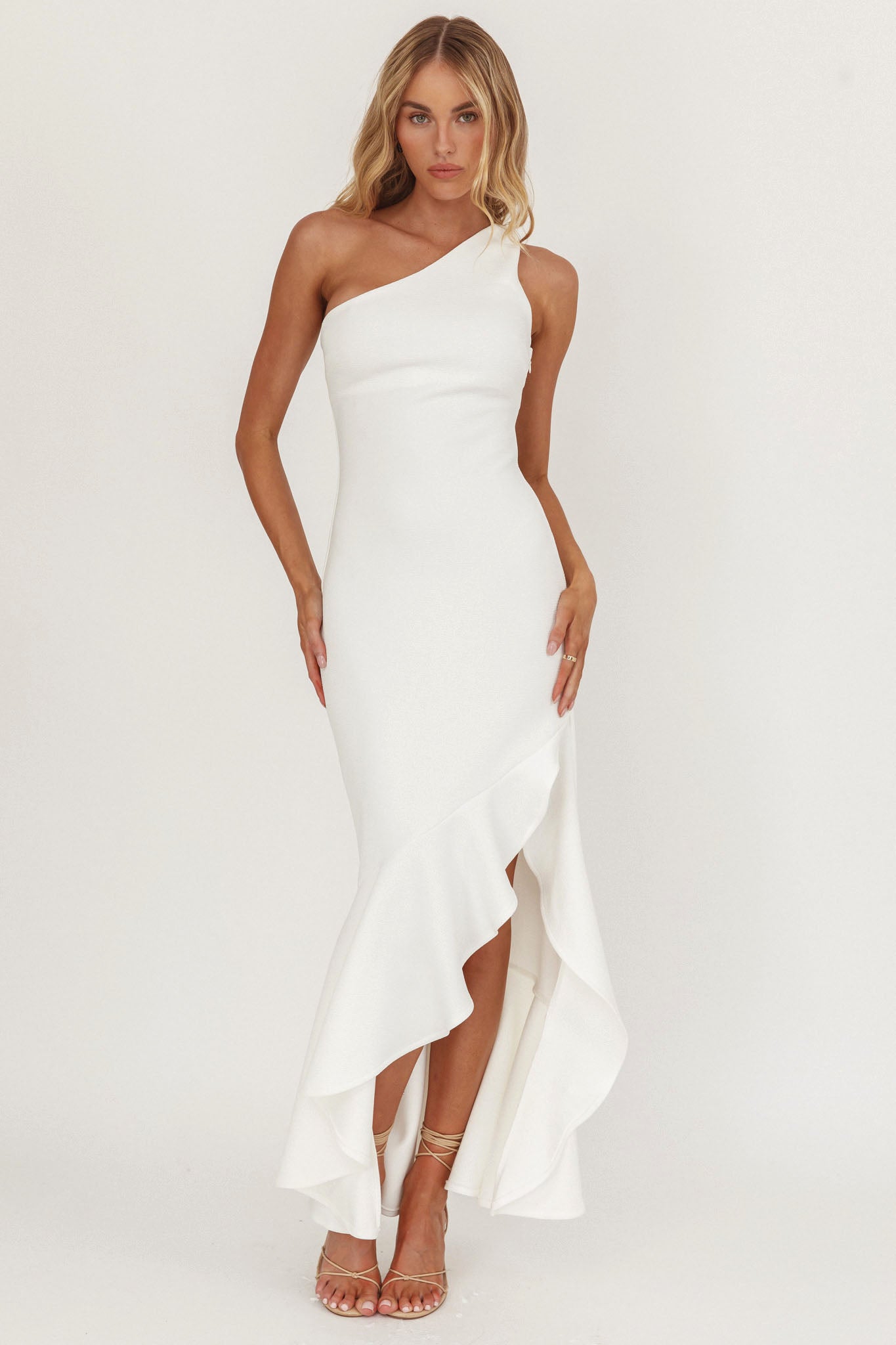 Lights On One-Shoulder Split Ruffle Hem Maxi Dress White by Selfie Leslie