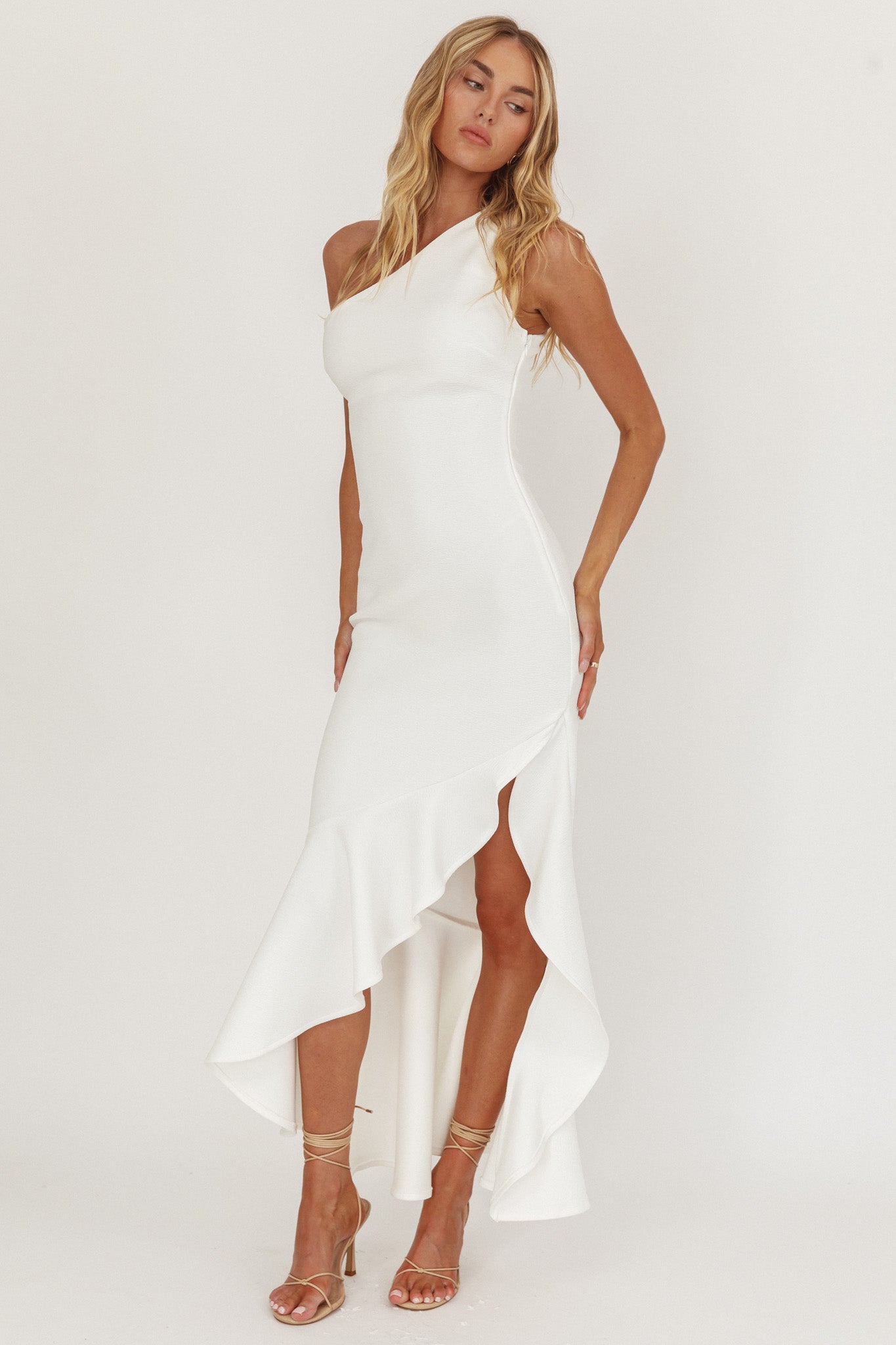 Lights On One-Shoulder Split Ruffle Hem Maxi Dress White by Selfie Leslie