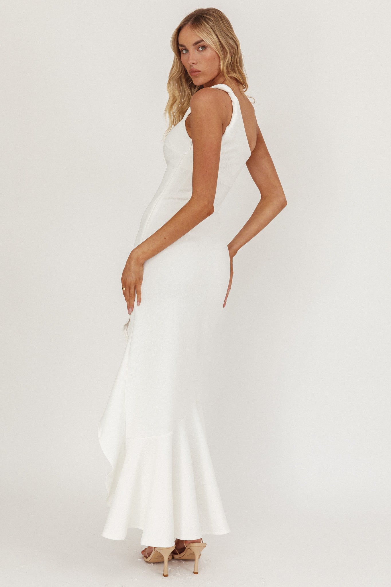 Lights On One-Shoulder Split Ruffle Hem Maxi Dress White by Selfie Leslie