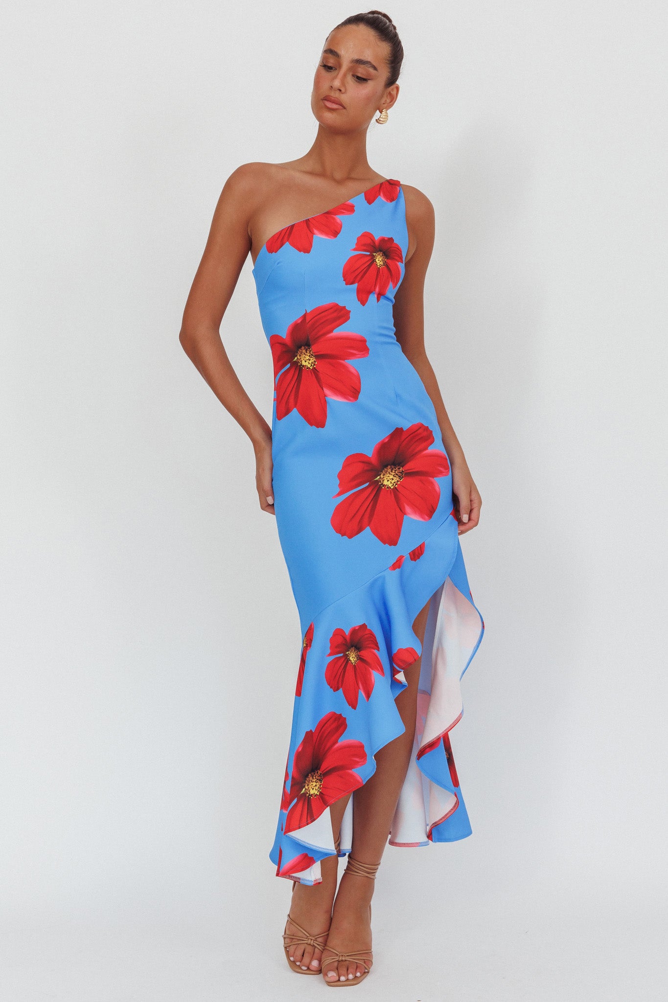 one shoulder ruffle hem maxi dress Lights On One-Shoulder Floral Blue this dress redefines elegance Holiday Cocktail Party Outfits Color:Pink Rose Print coquette