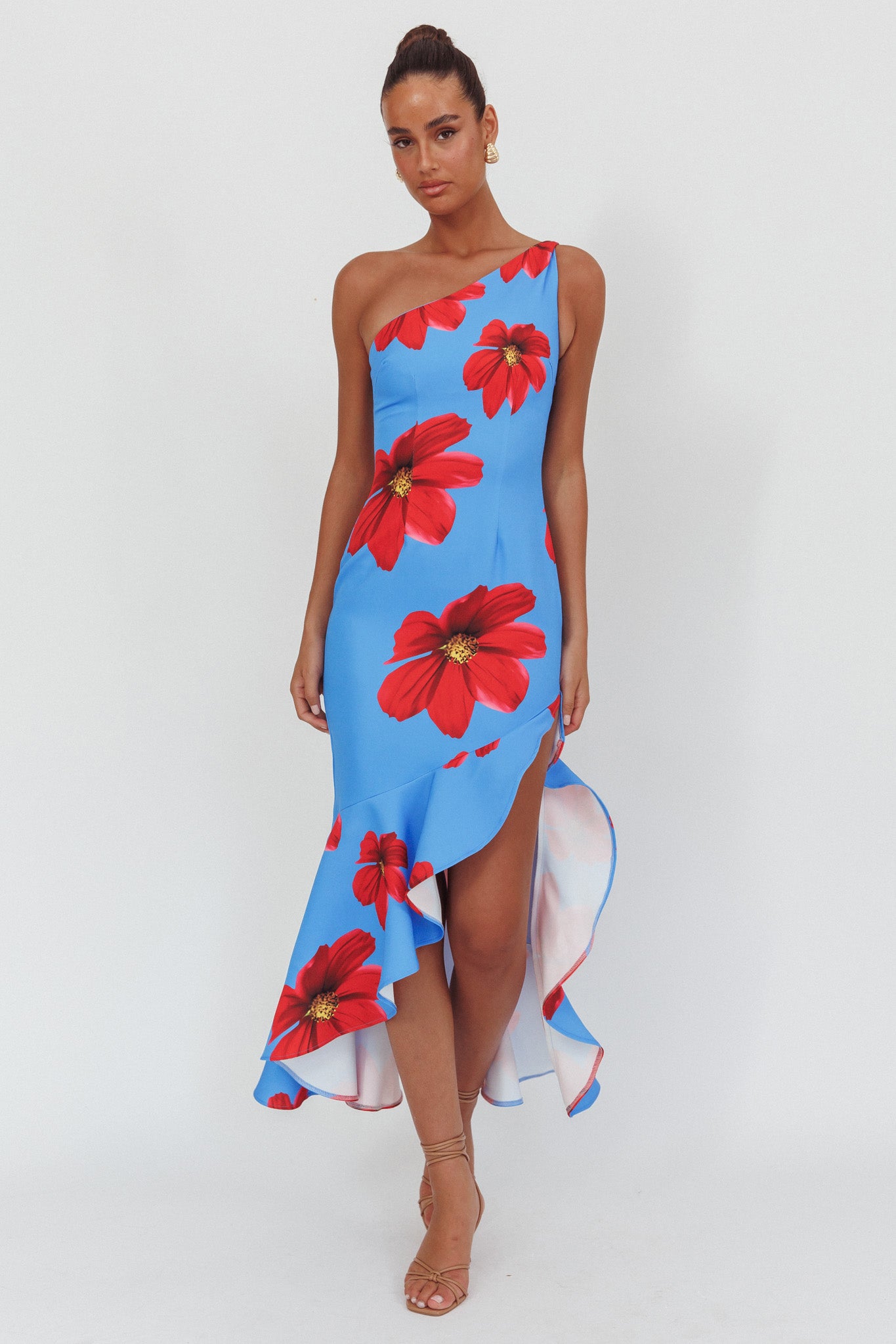 Lights On One-Shoulder Ruffle Hem Maxi Dress Floral Blue by Selfie Leslie