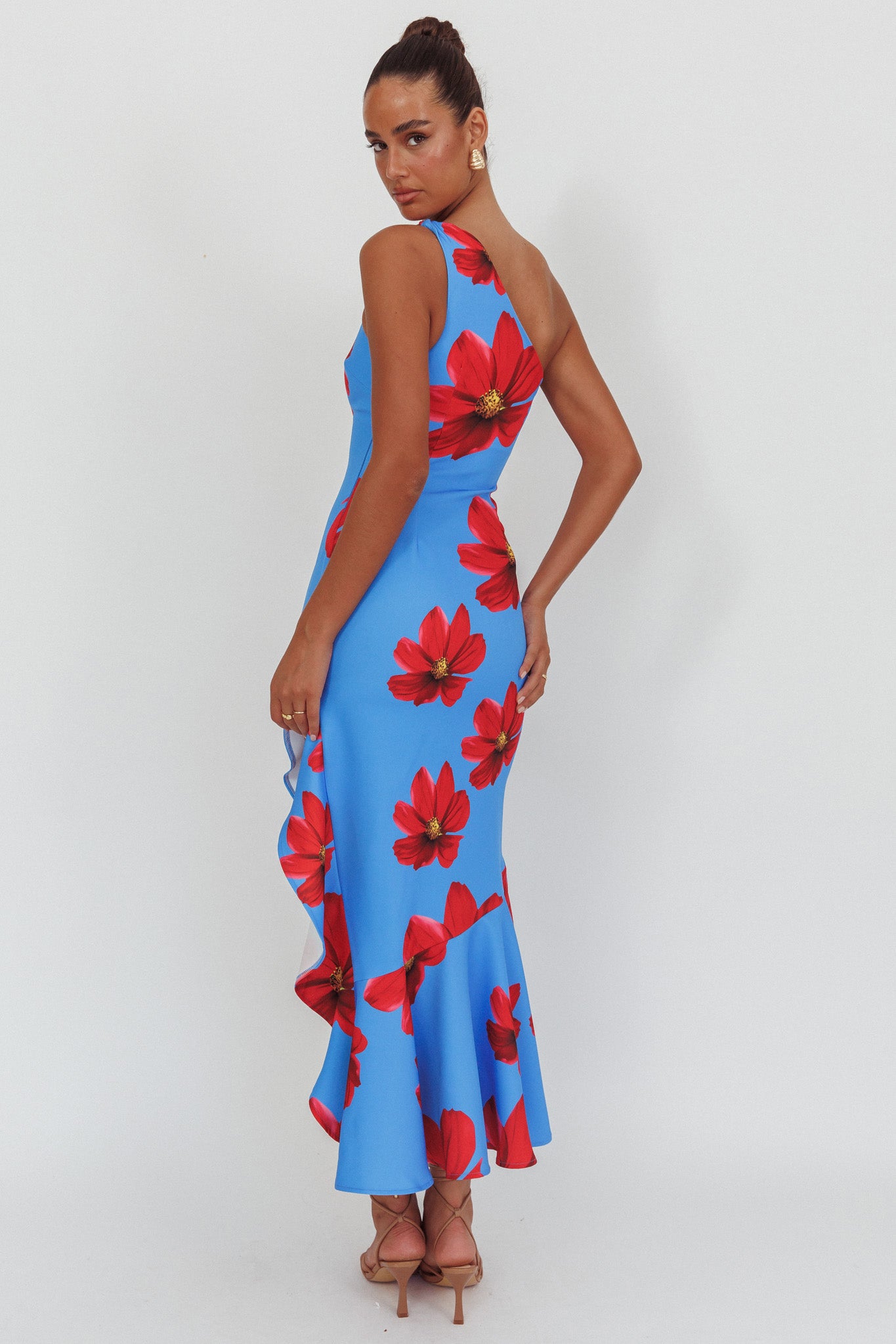 Lights On One-Shoulder Ruffle Hem Maxi Dress Floral Blue by Selfie Leslie