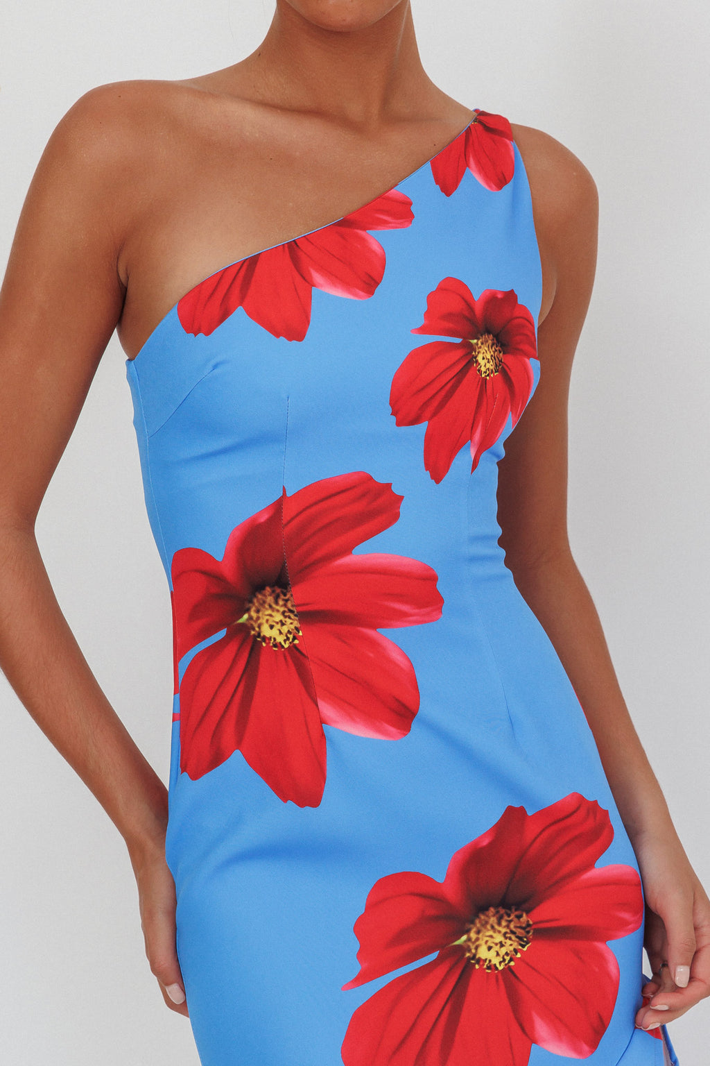 Lights On One-Shoulder Ruffle Hem Maxi Dress Floral Blue by Selfie Leslie