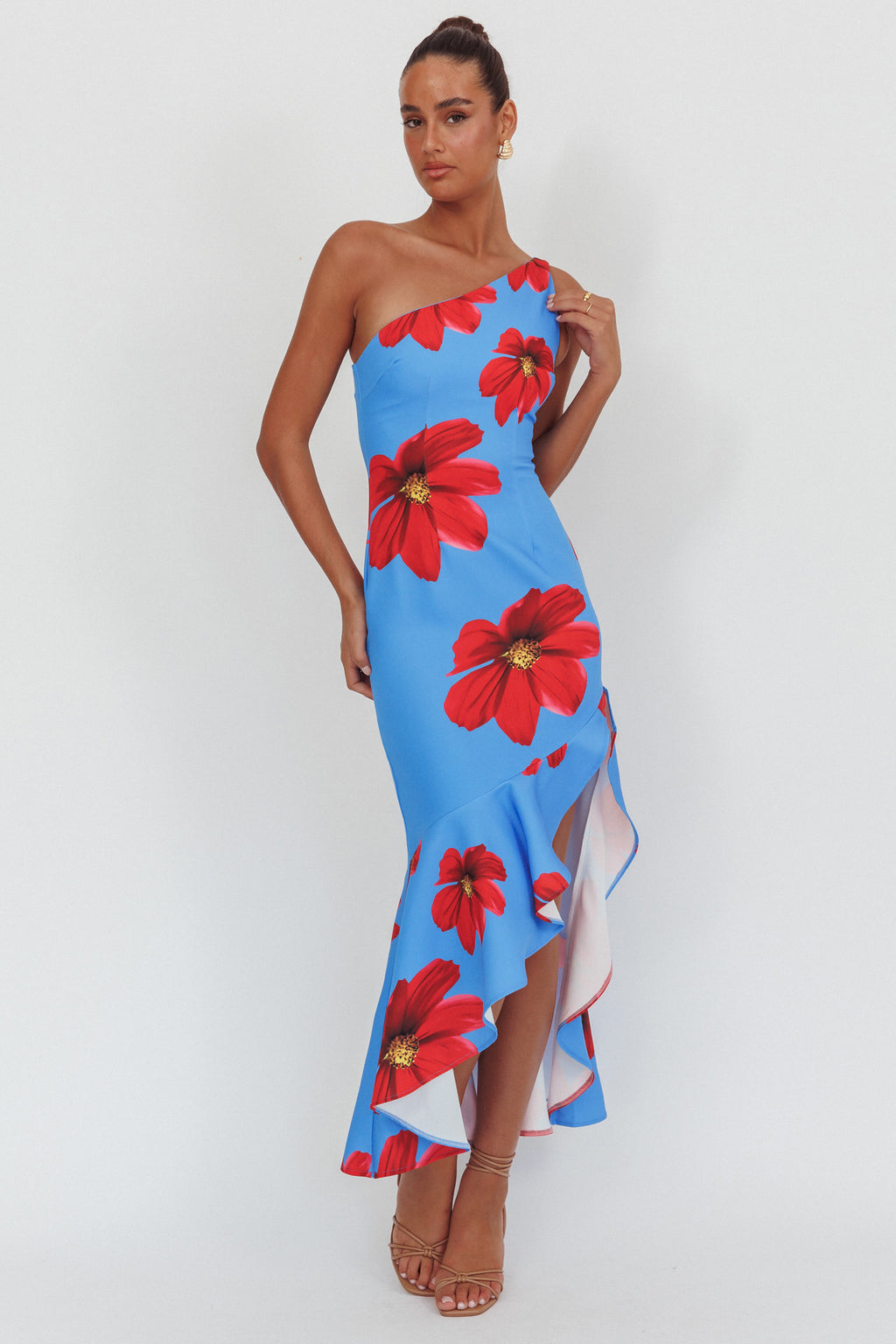 Lights On One-Shoulder Ruffle Hem Maxi Dress Floral Blue by Selfie Leslie