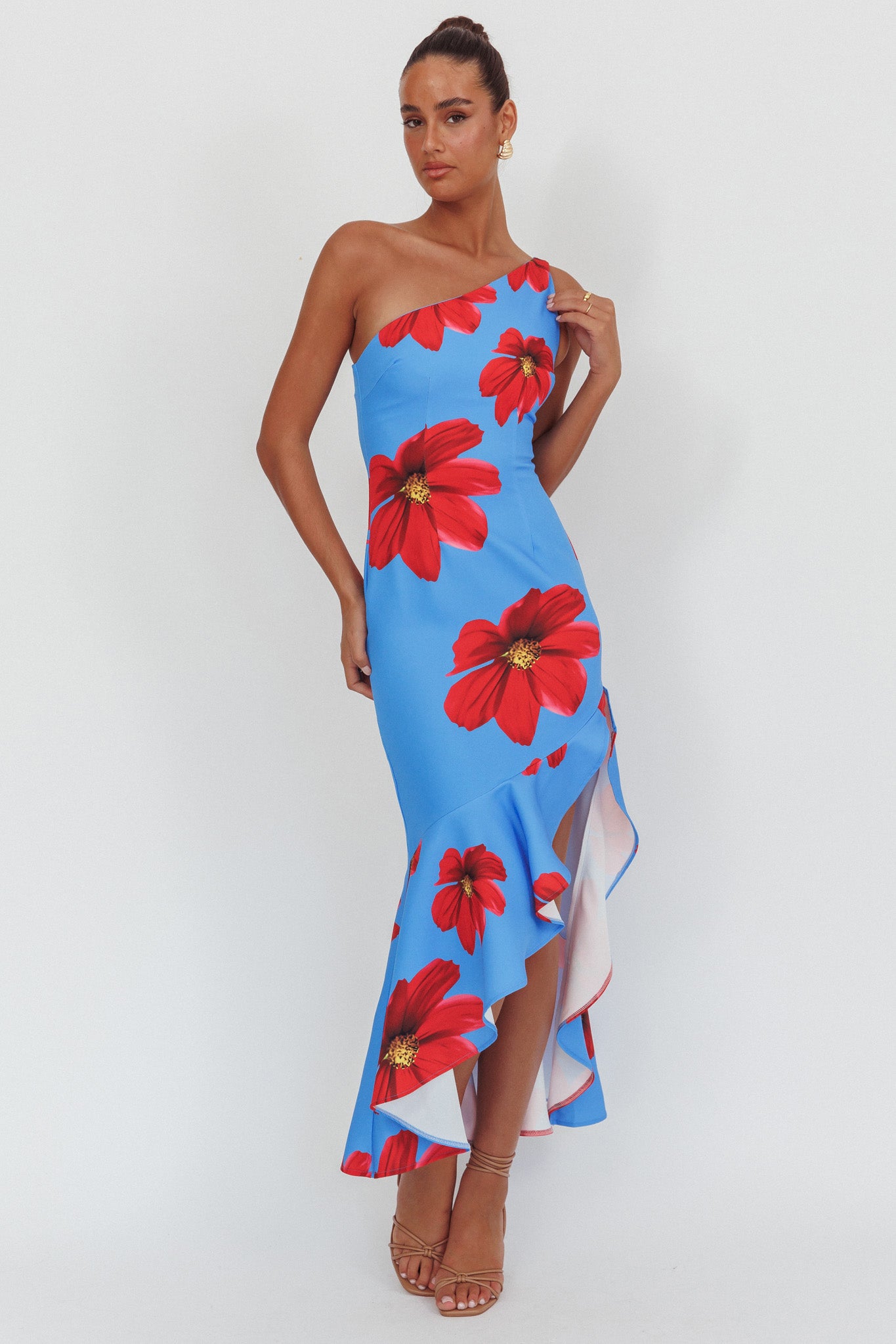 Lights On One-Shoulder Ruffle Hem Maxi Dress Floral Blue by Selfie Leslie