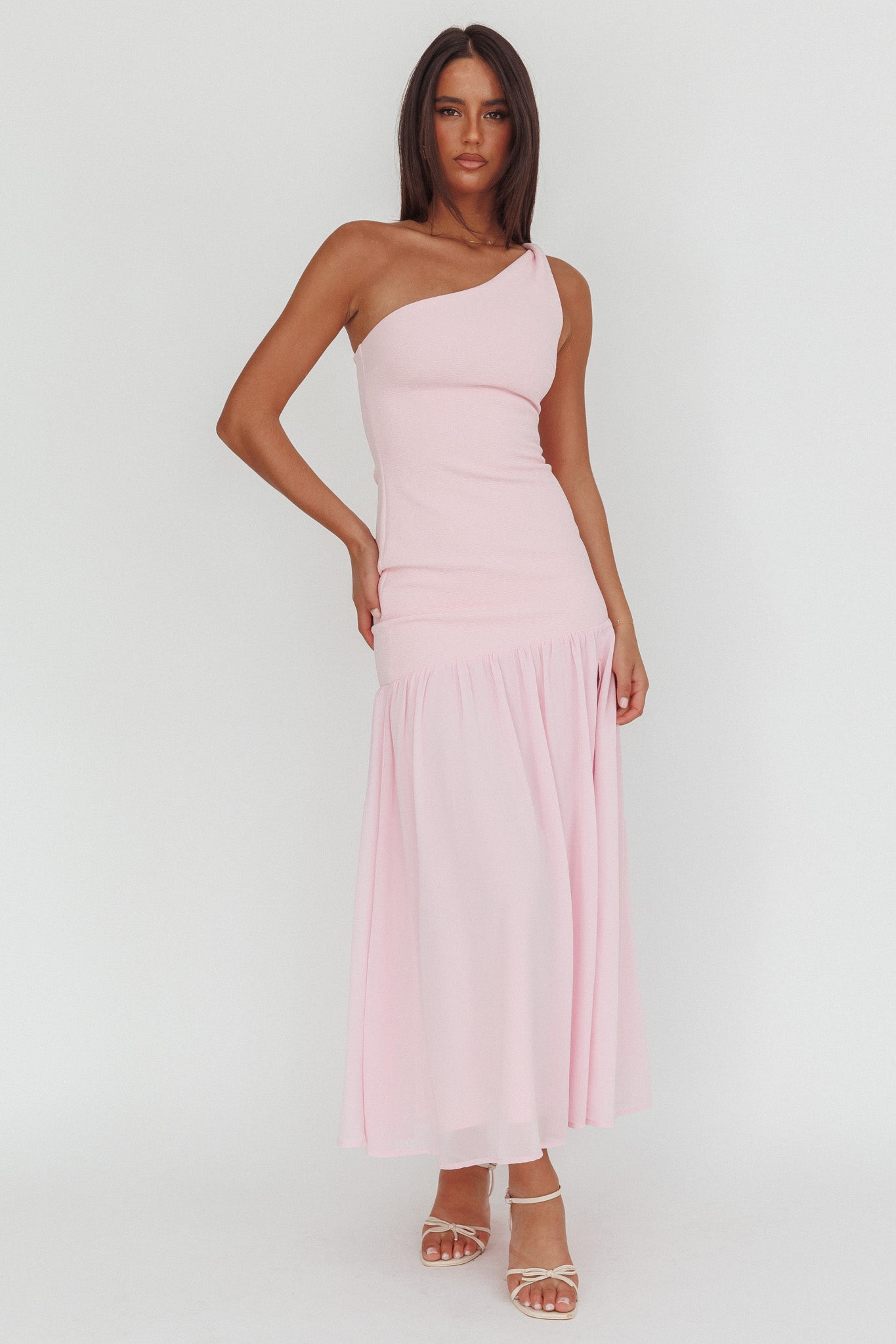 Lights On One-Shoulder Drop Waist Maxi Dress Pink by Selfie Leslie