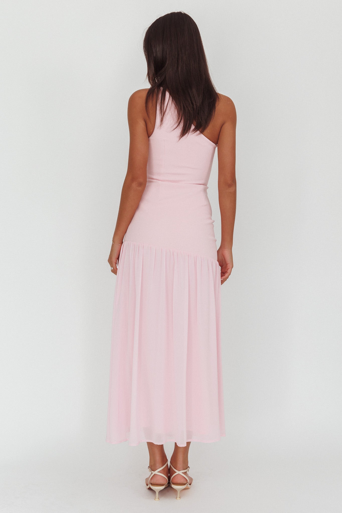 Lights On One-Shoulder Drop Waist Maxi Dress Pink by Selfie Leslie