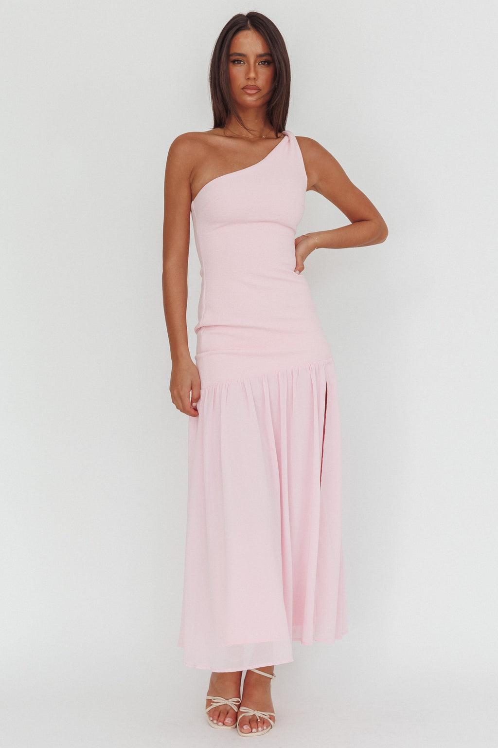 Lights On One-Shoulder Drop Waist Maxi Dress Pink by Selfie Leslie