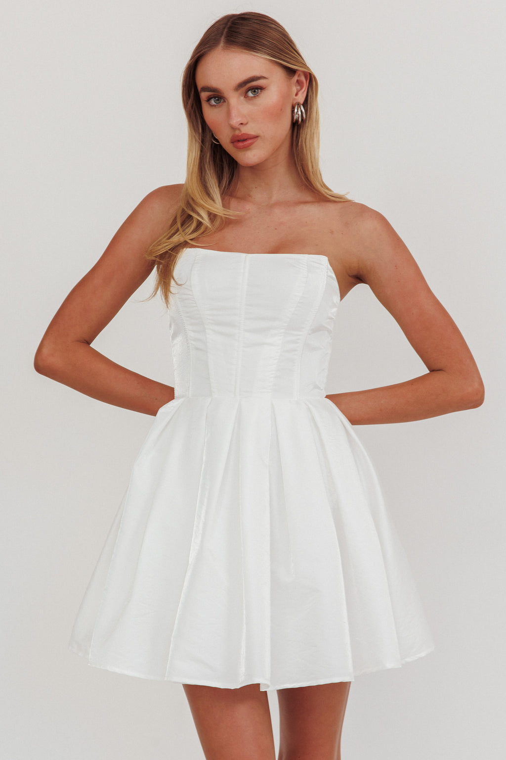 Loveless Strapless Flared Mini Dress Off White by Selfie Leslie