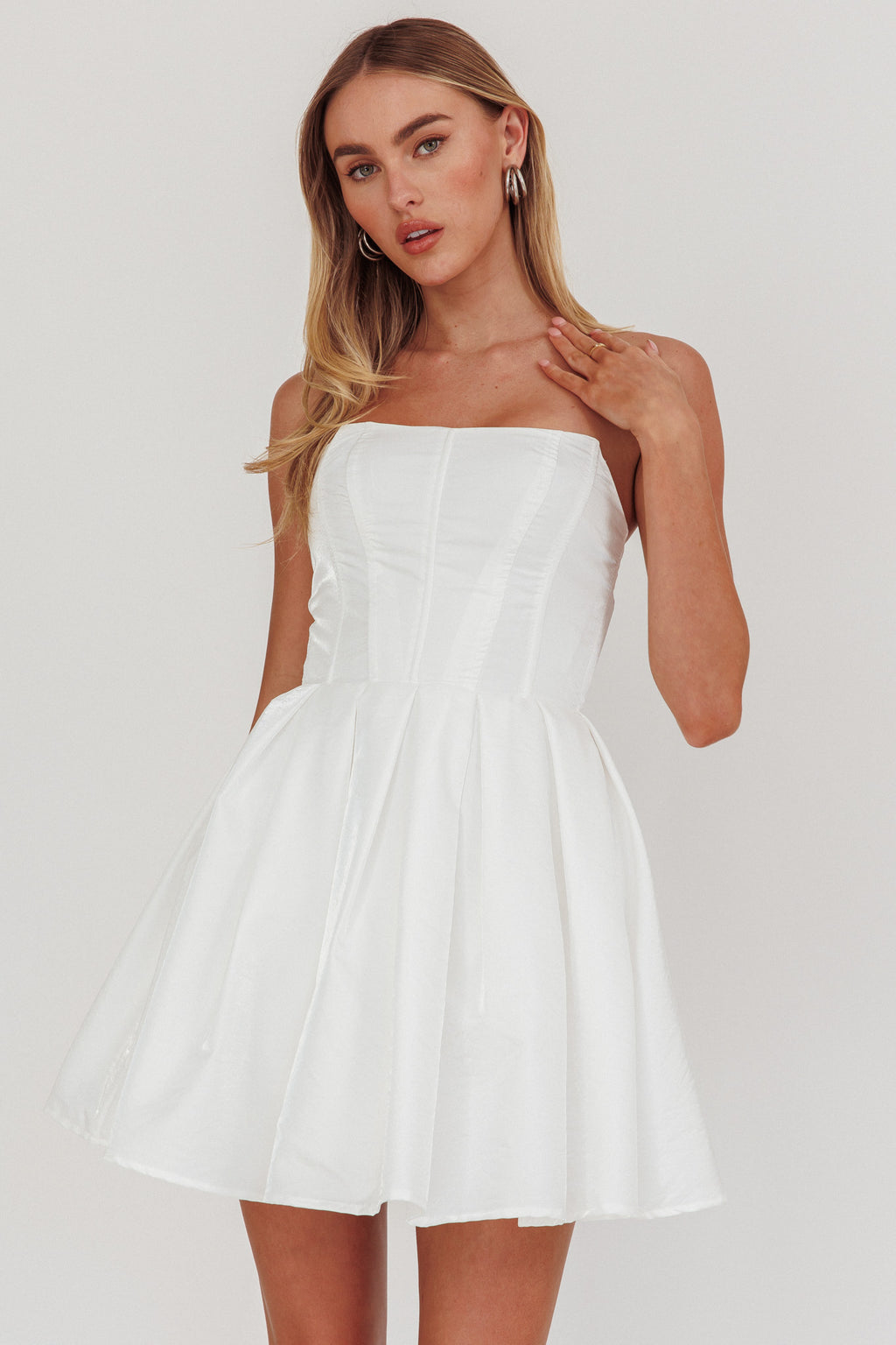 Loveless Strapless Flared Mini Dress Off White by Selfie Leslie