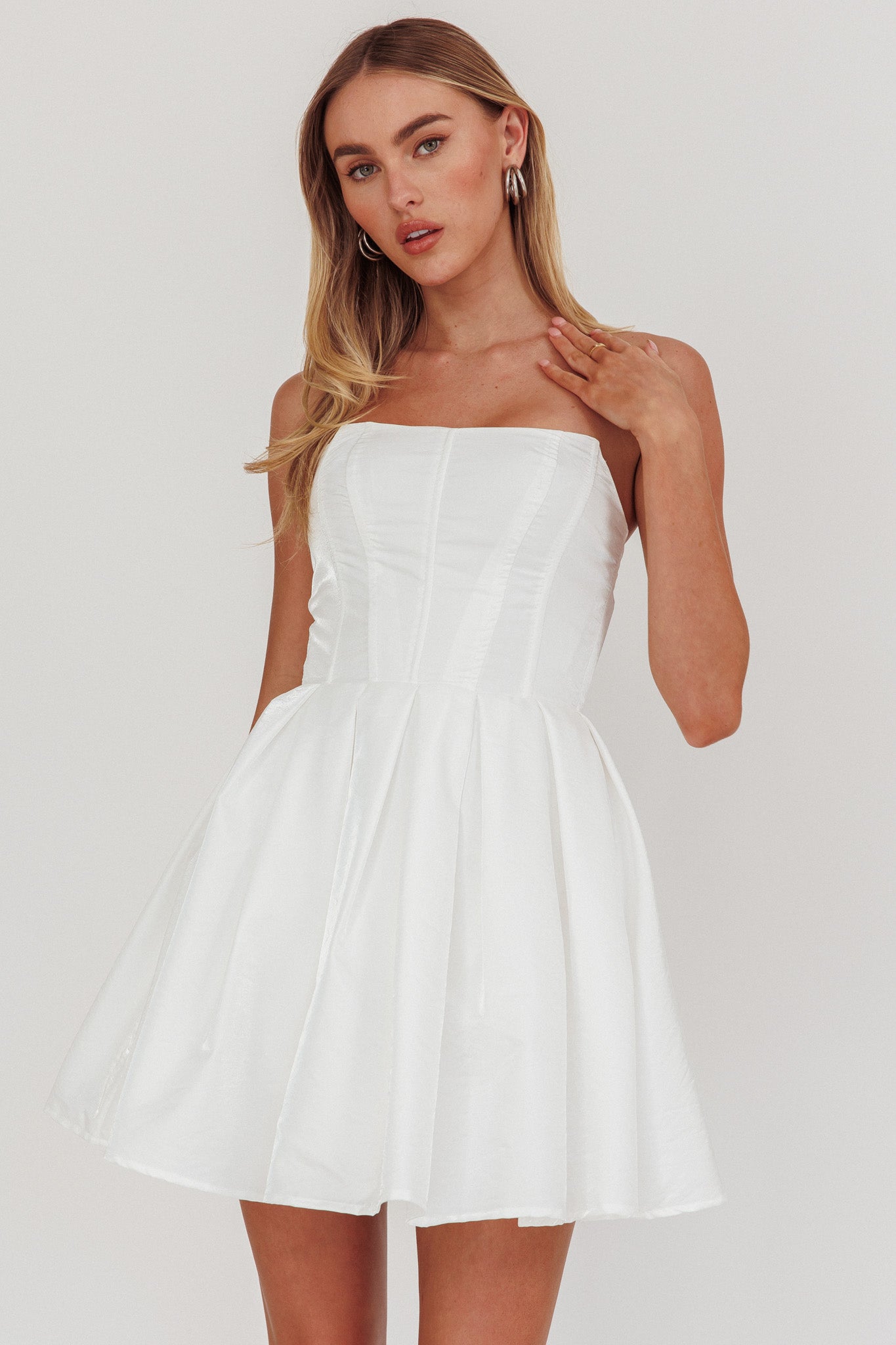 Loveless Strapless Flared Mini Dress Off White by Selfie Leslie
