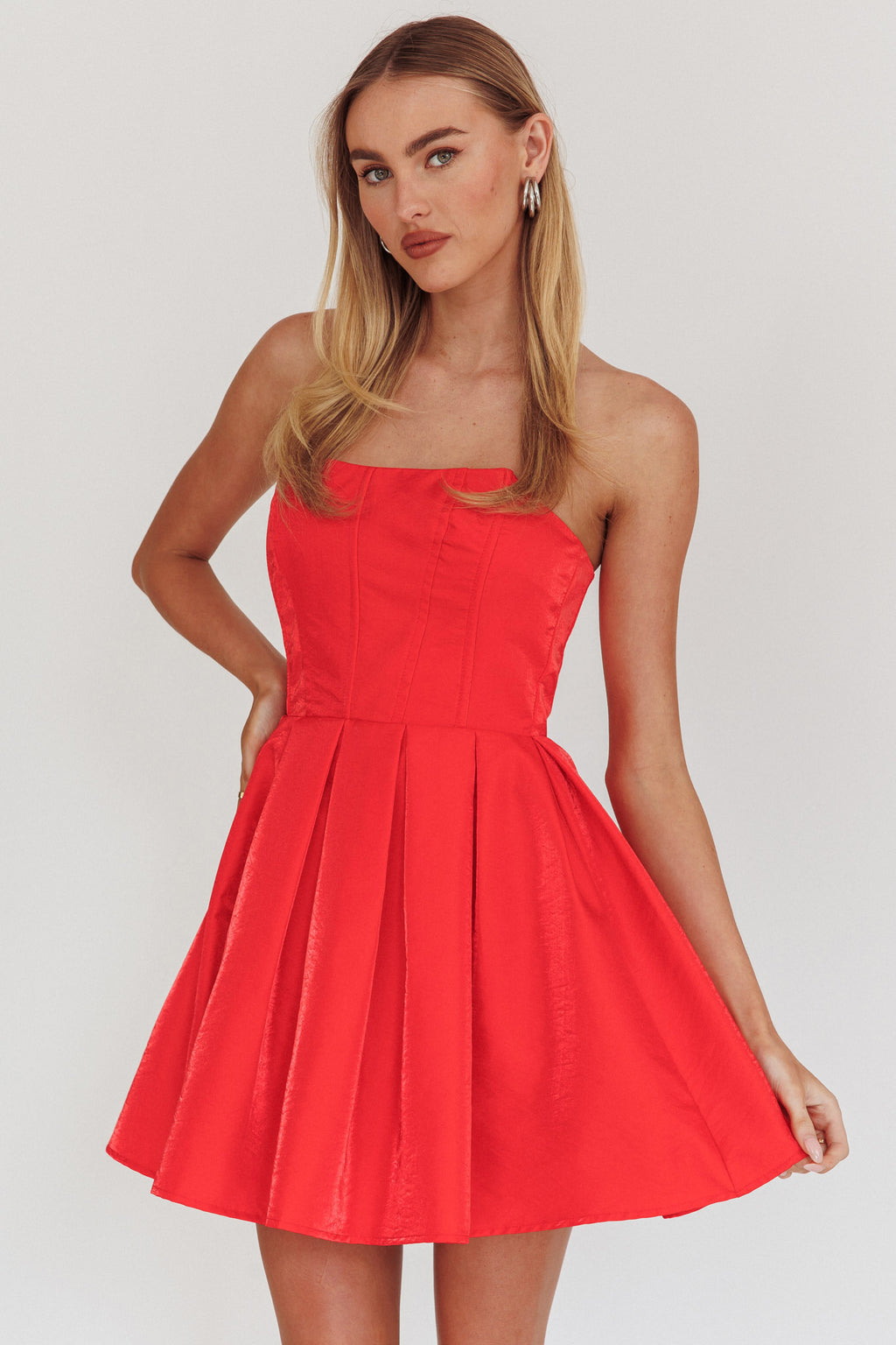 Loveless Strapless Flared Mini Dress Red by Selfie Leslie