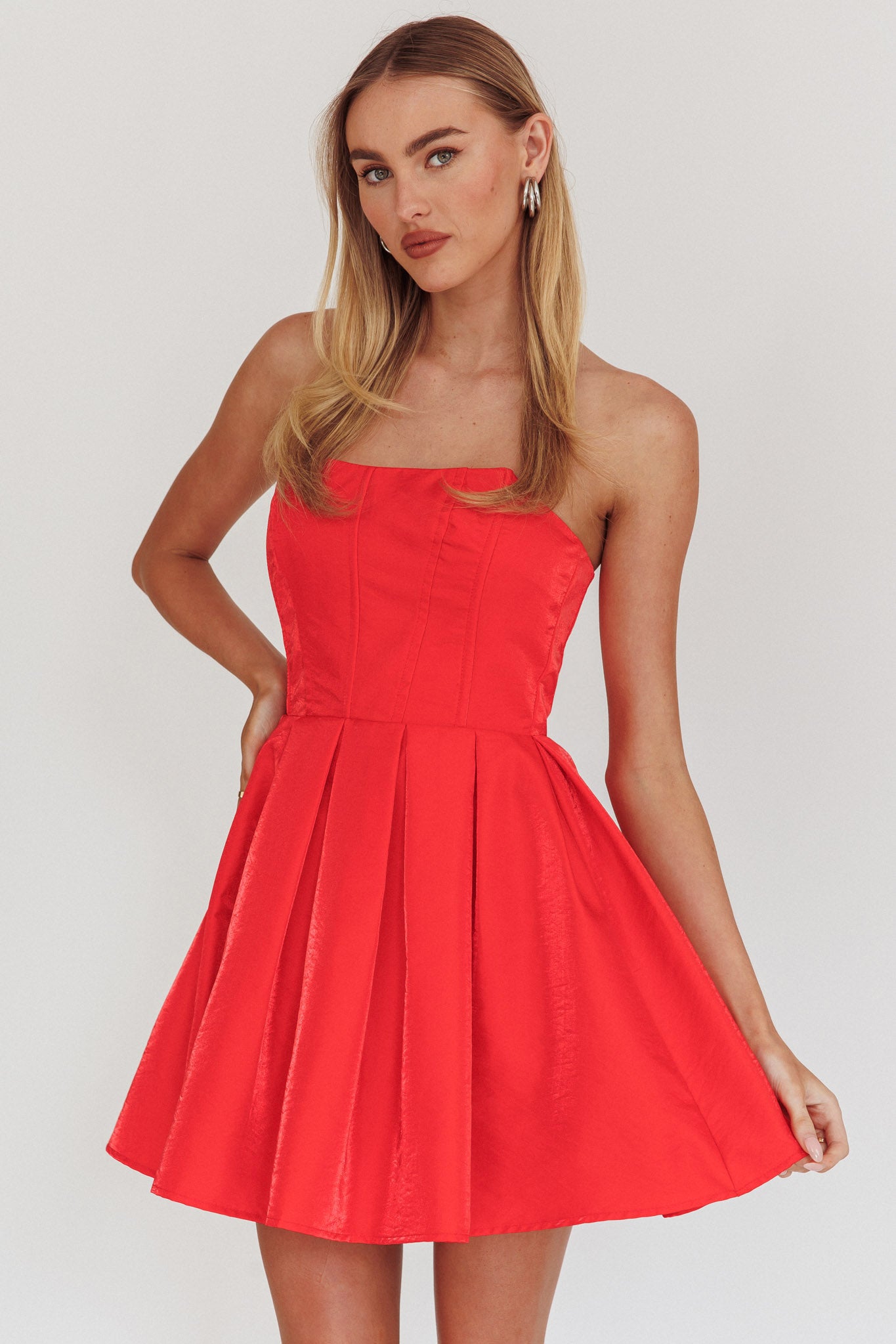 Loveless Strapless Flared Mini Dress Red by Selfie Leslie