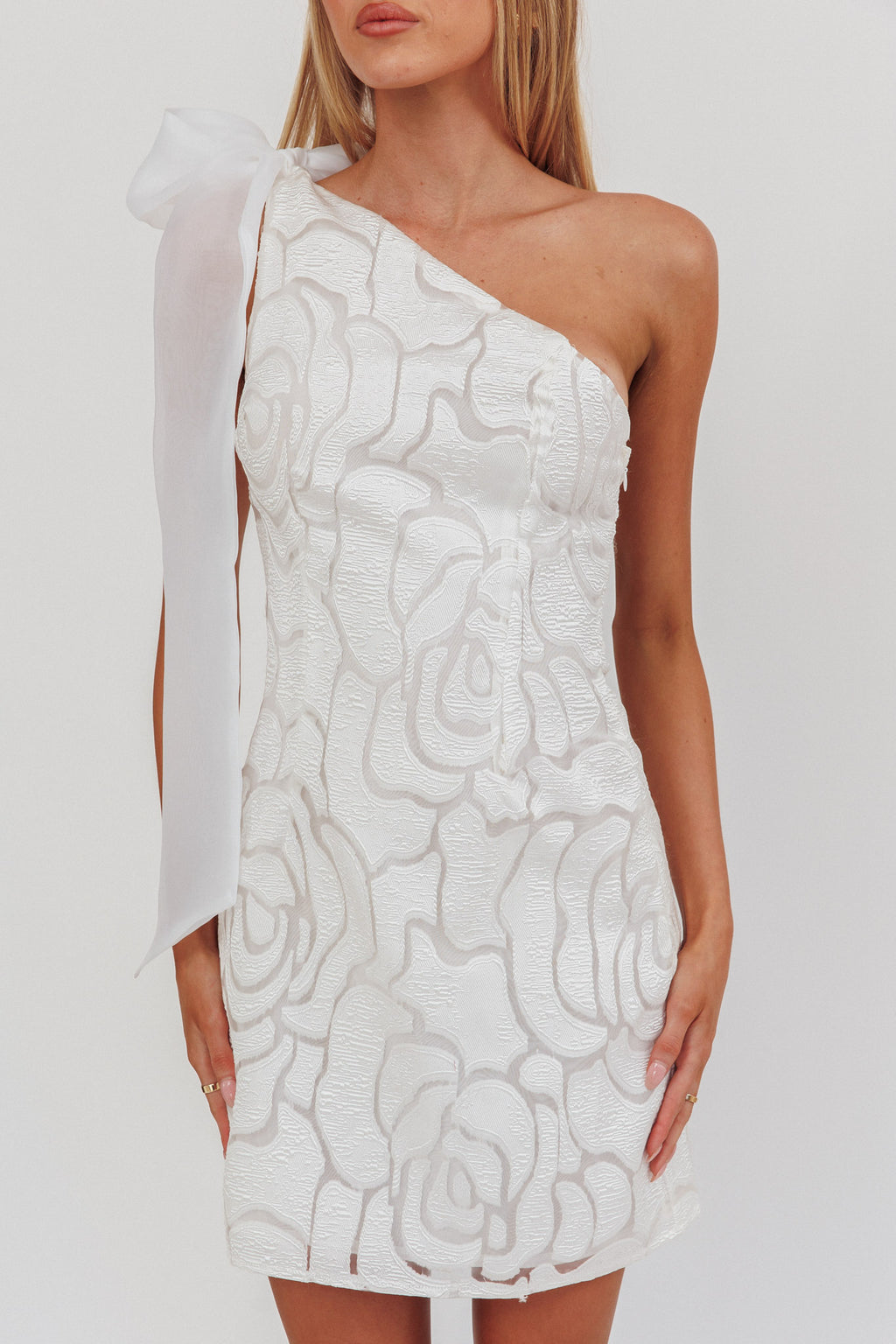 Camil One Shoulder Bow Mini Dress White by Selfie Leslie