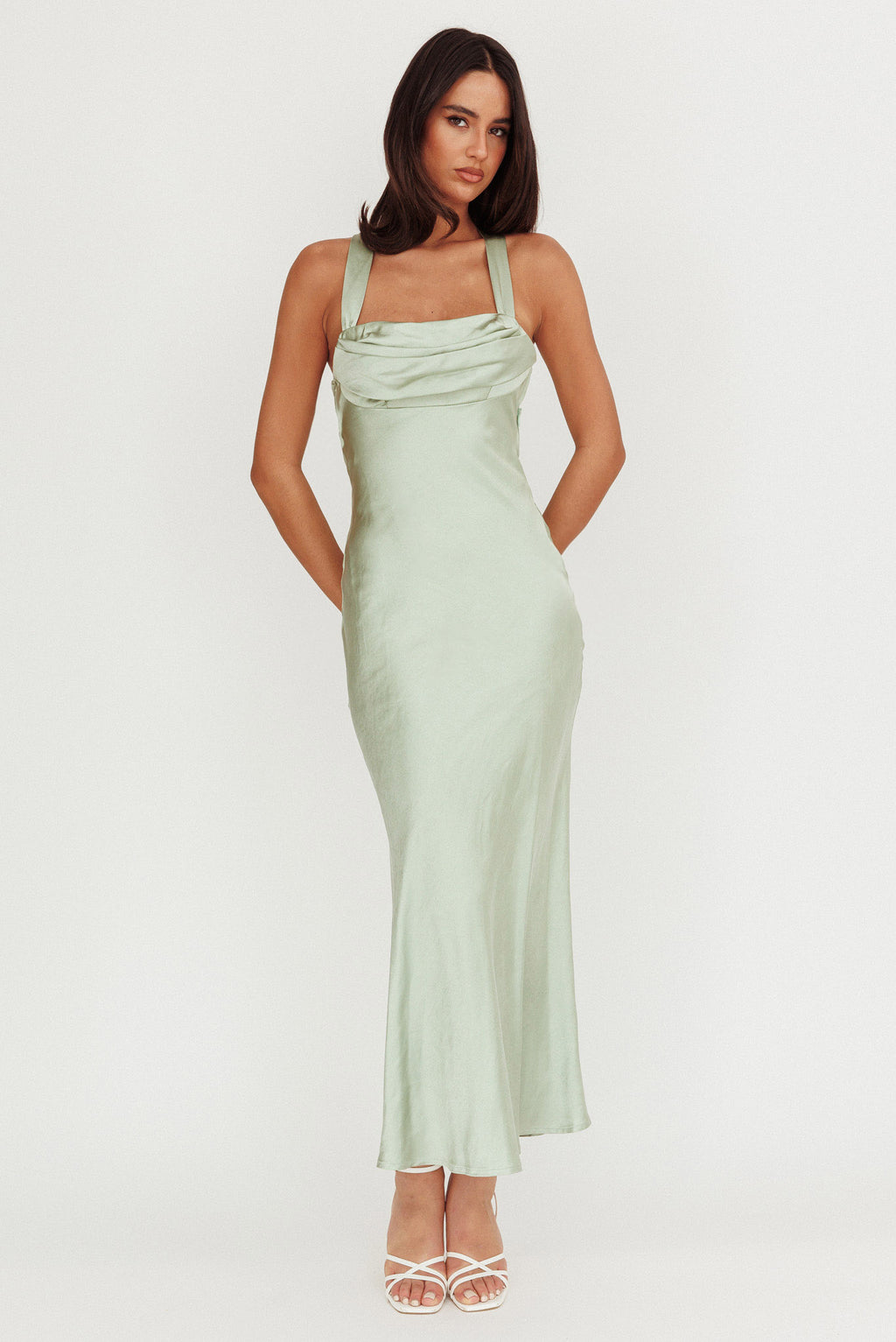 Favorite Part Crossover Back Satin Maxi Dress Sage by Selfie Leslie