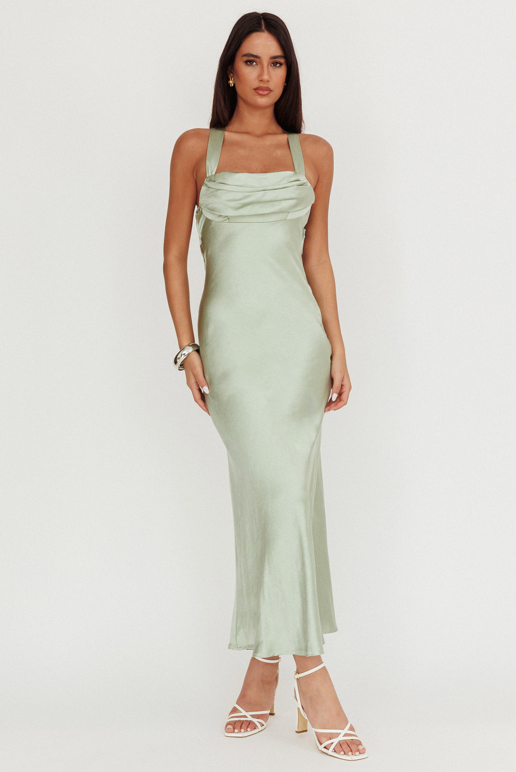 Favorite Part Crossover Back Satin Maxi Dress Sage by Selfie Leslie