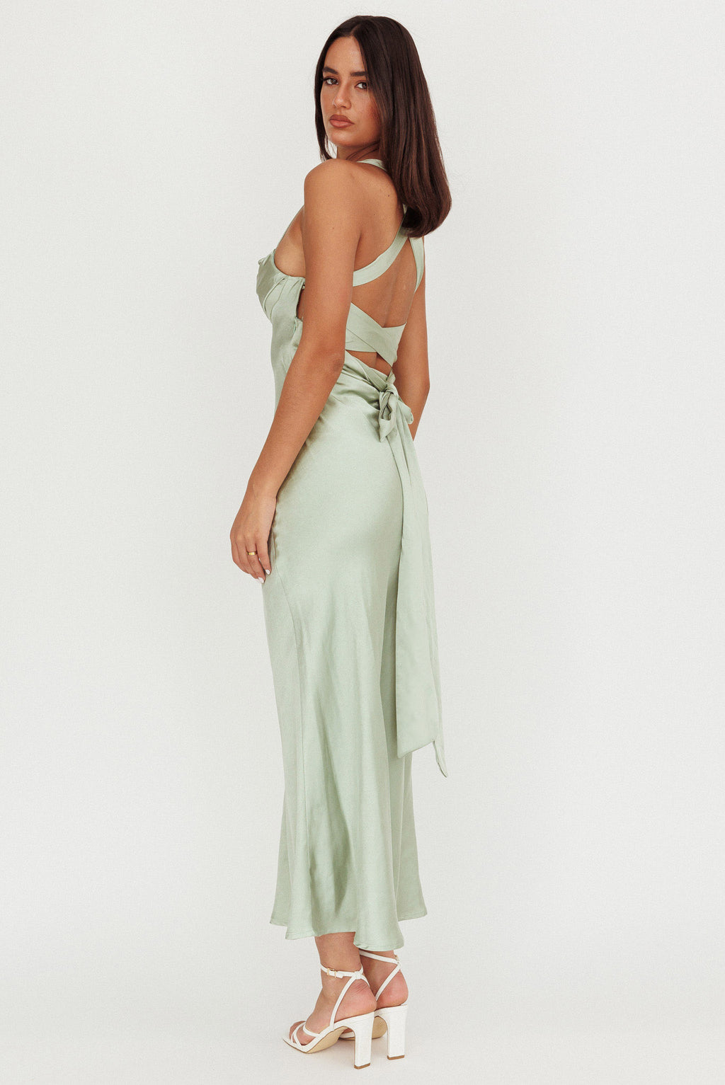 Favorite Part Crossover Back Satin Maxi Dress Sage by Selfie Leslie