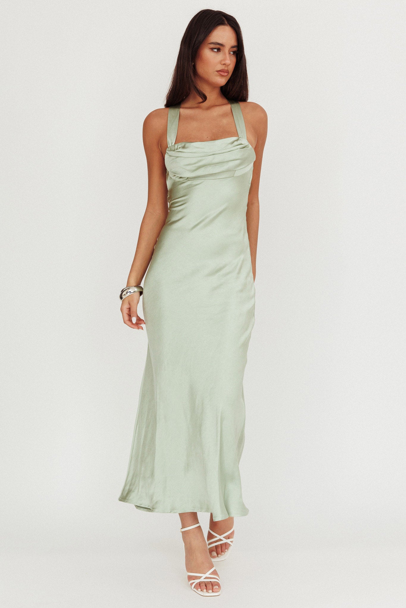 Favorite Part Crossover Back Satin Maxi Dress Sage Selfie Leslie