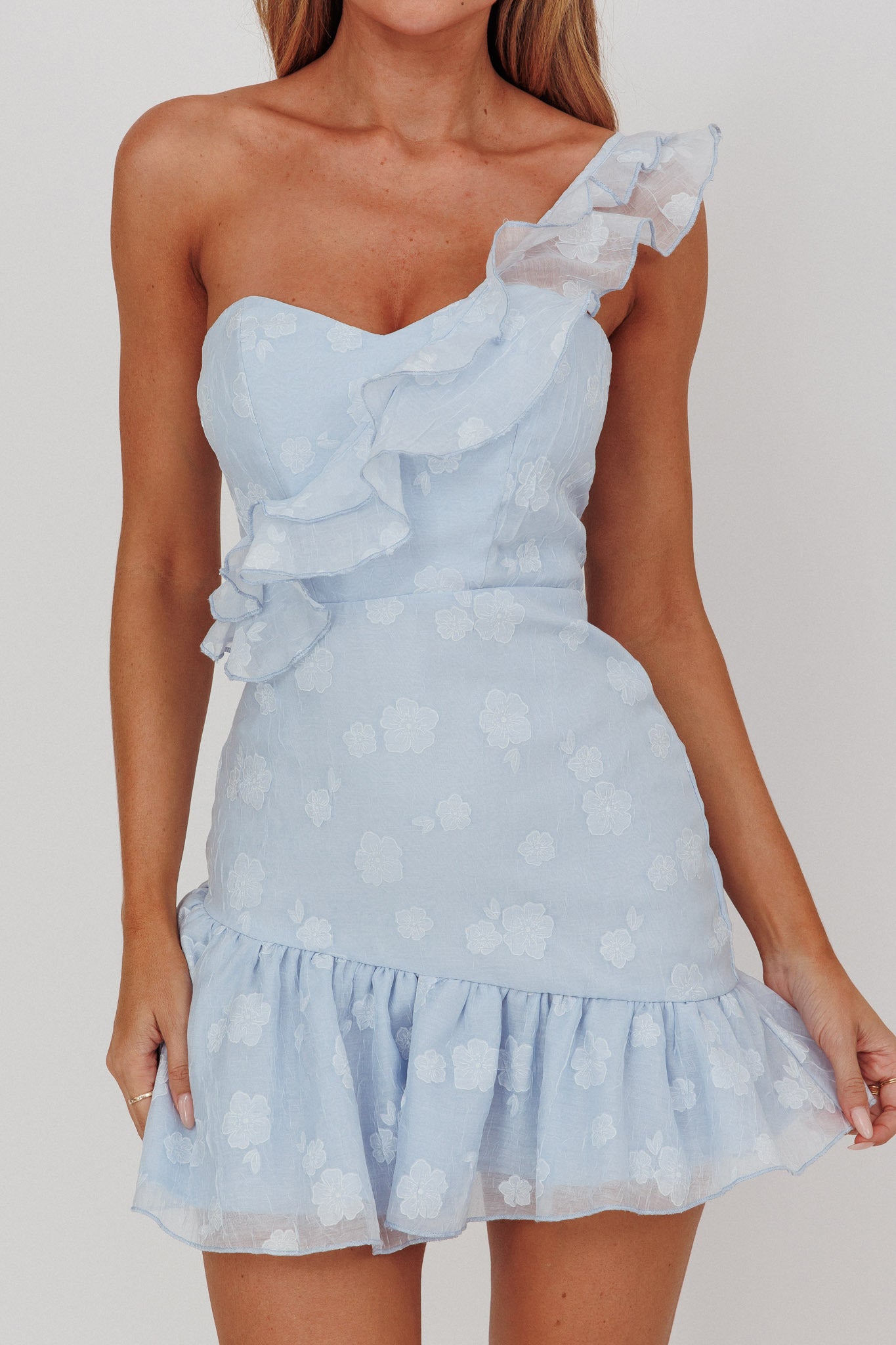 Shop the Minka One-Shoulder Ruffle Mini Dress Blue