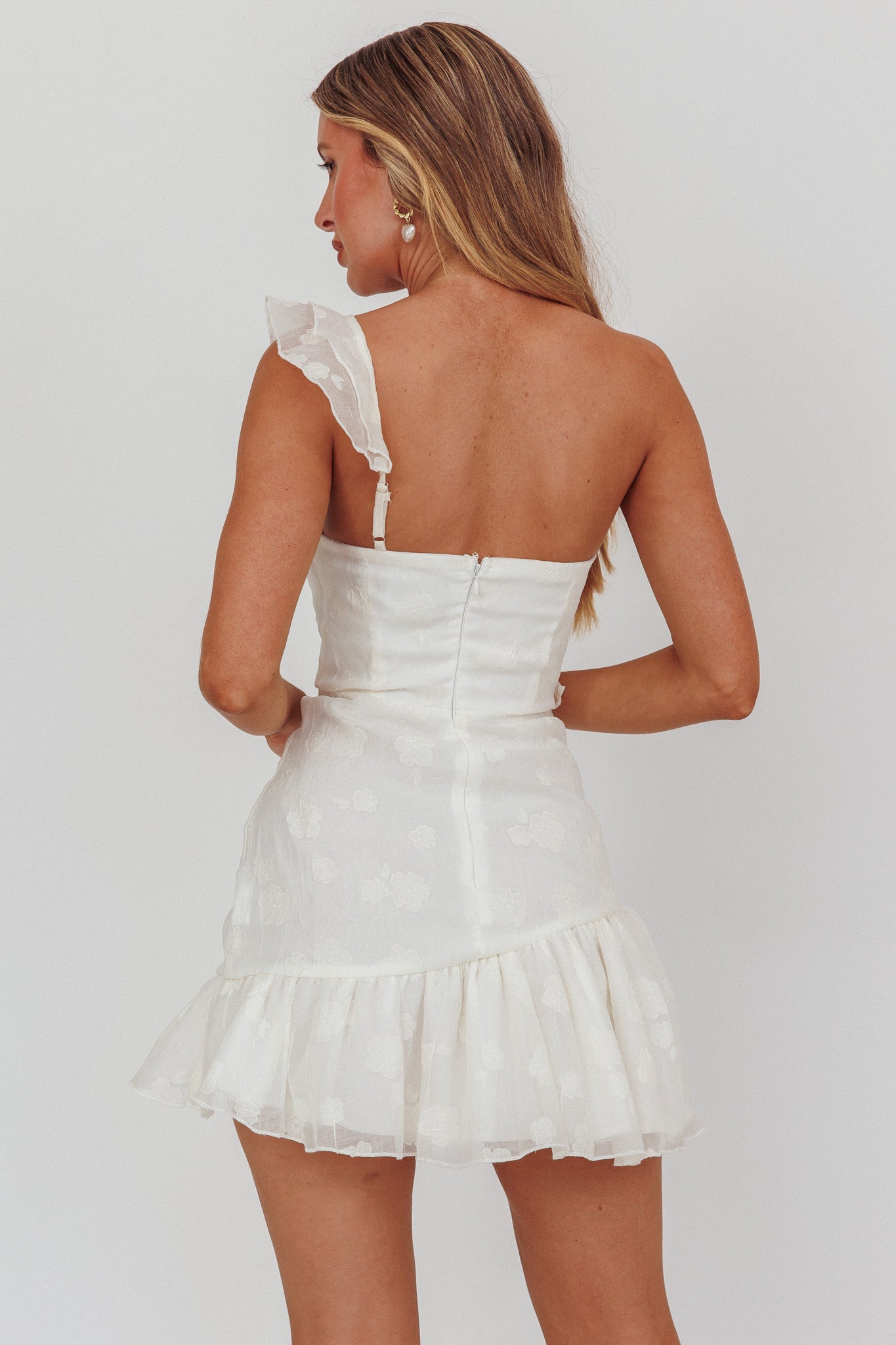 Minka One-Shoulder Ruffle Mini Dress Off White by Selfie Leslie